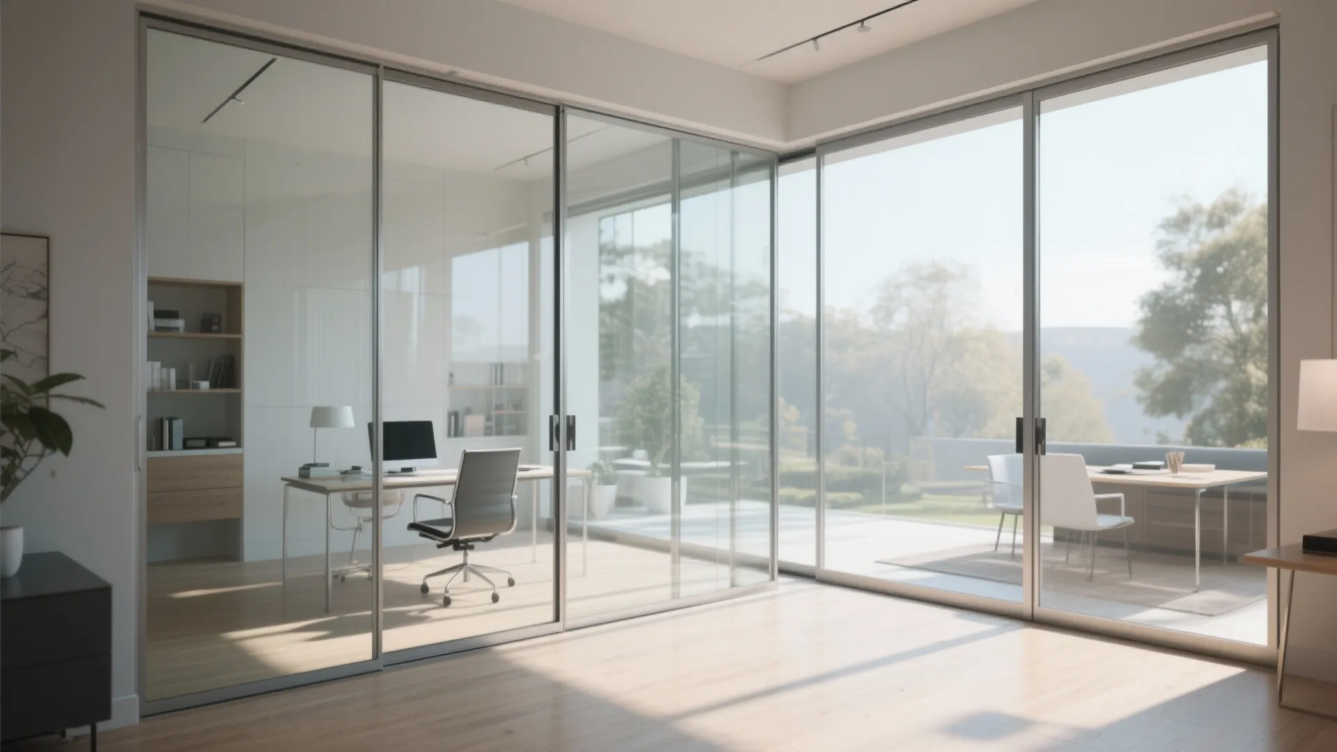 Modern office interior with large glass sliding doors and desk view toward a sunny balcony