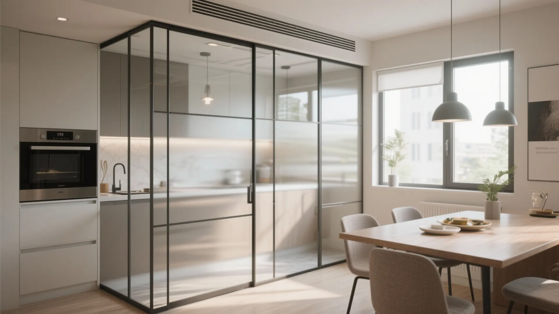 Modern kitchen and dining room divided by a black metal frame glass sliding door partition
