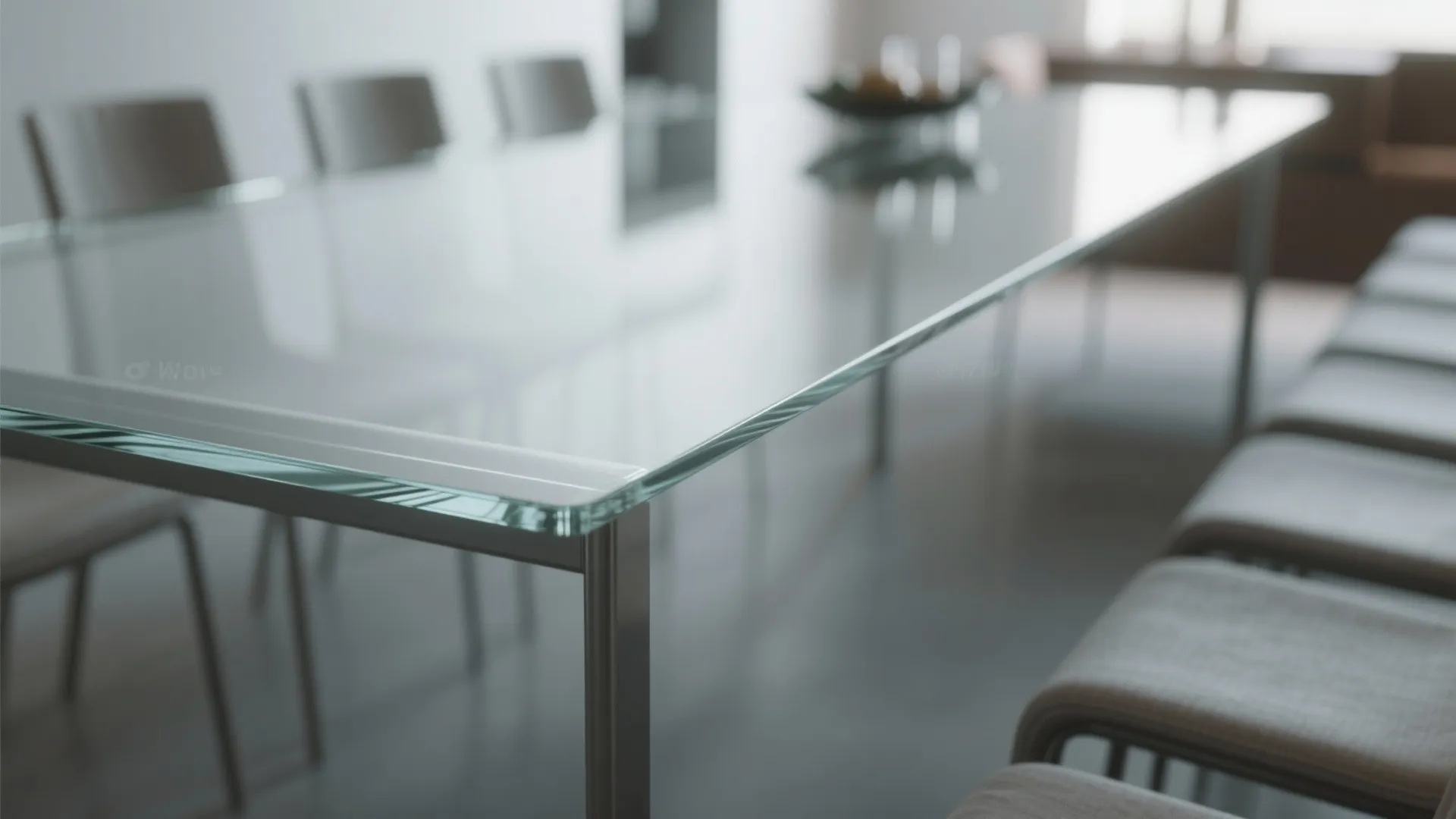 Macro detail of a slim-profile tempered glass table edge and slender metal legs in soft daylight.