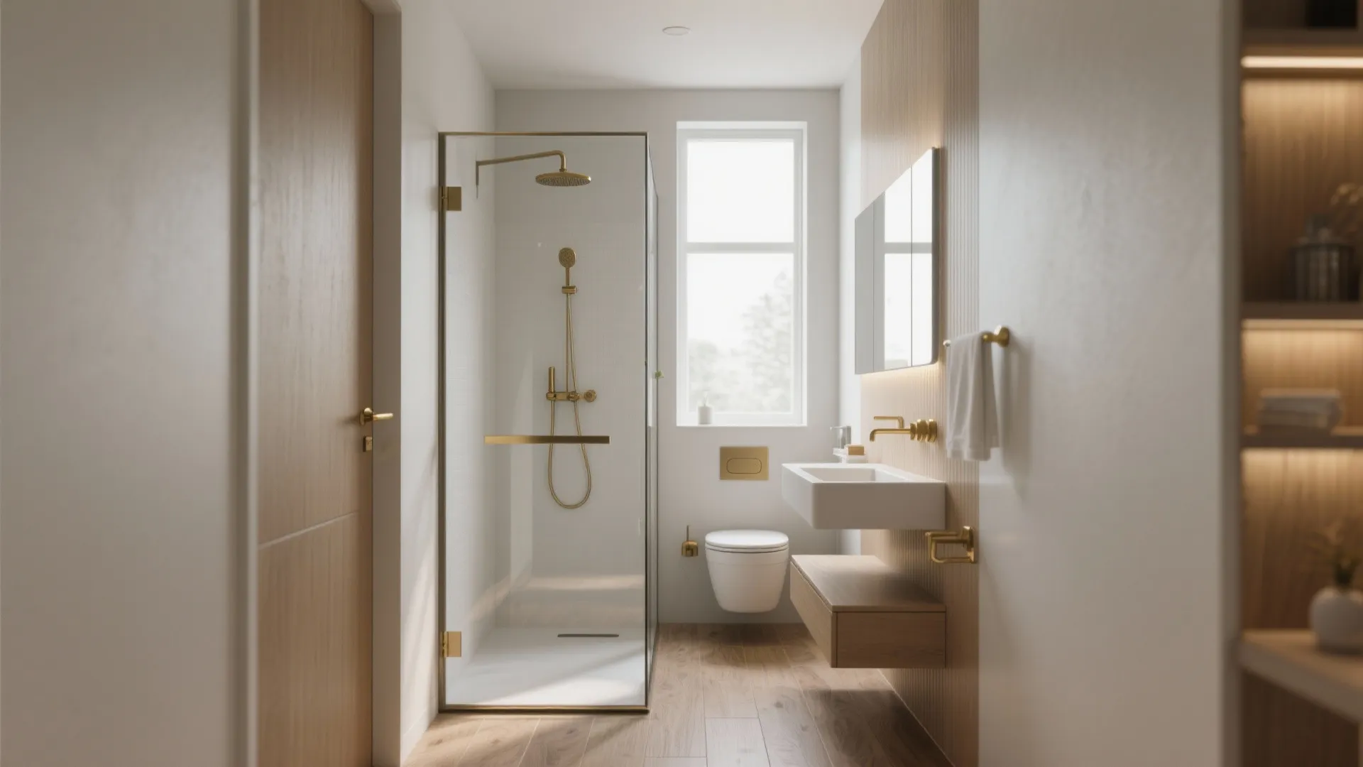Modern bathroom with glass shower door gold wall light fixtures wooden floor and white sink