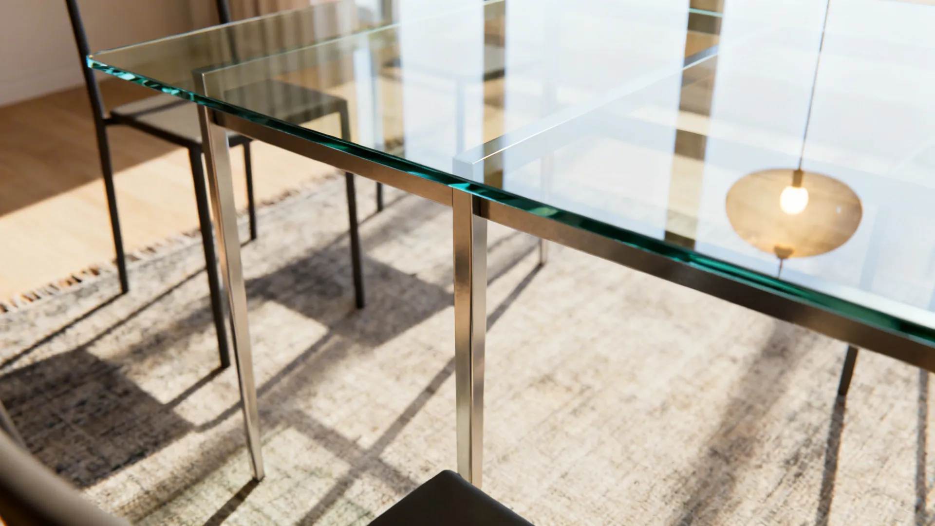Slim-leg glass-top dining table with armless chairs keeping visual weight light