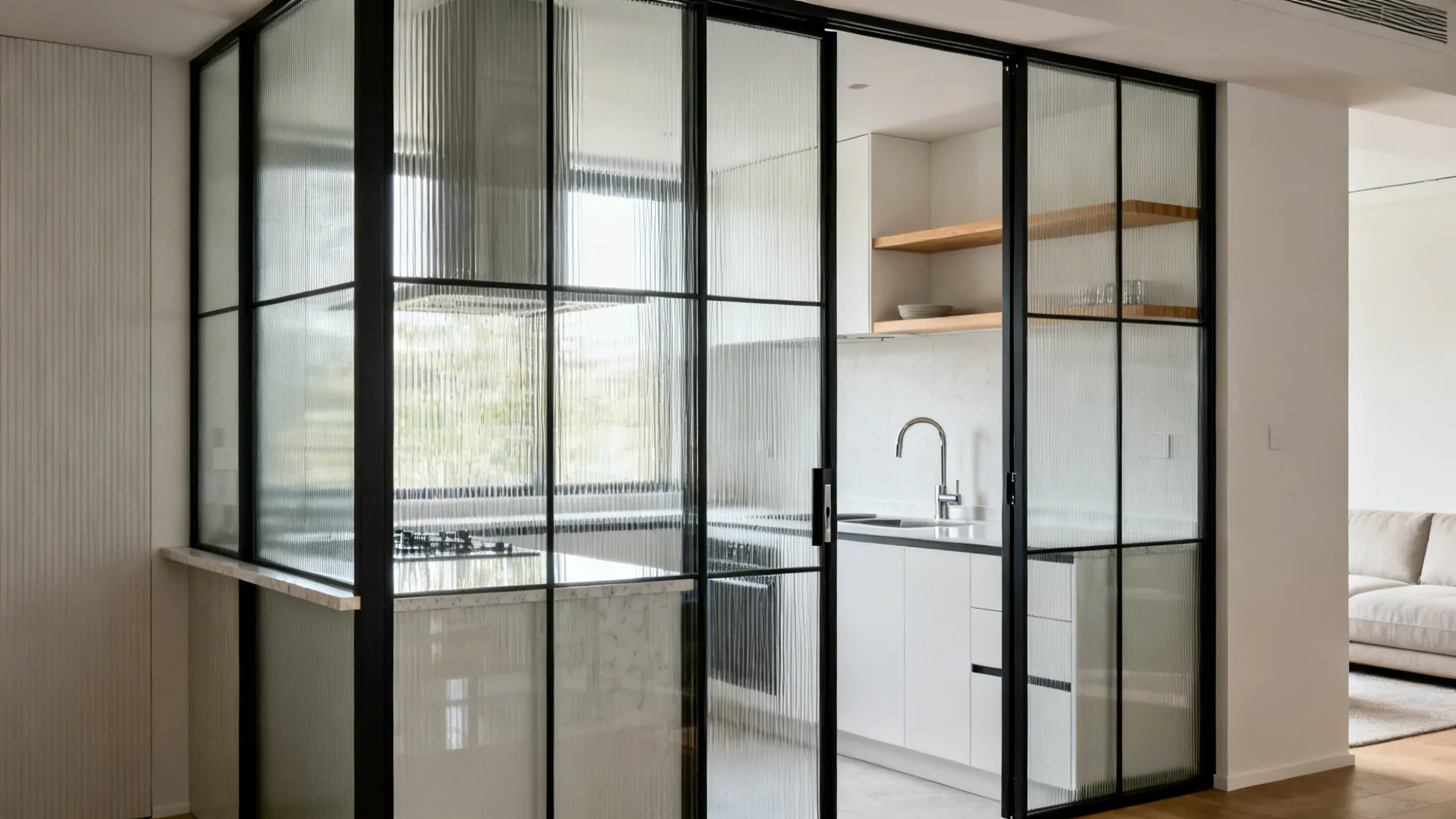 Small kitchen with slim steel-framed reeded glass partition maintaining light and privacy.