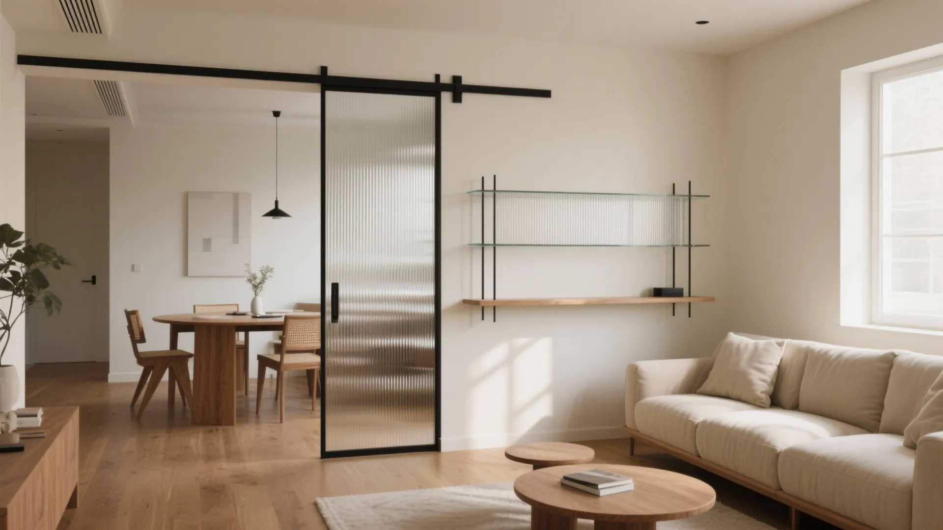 Glass partitions and “soft zoning” that keep light flowing