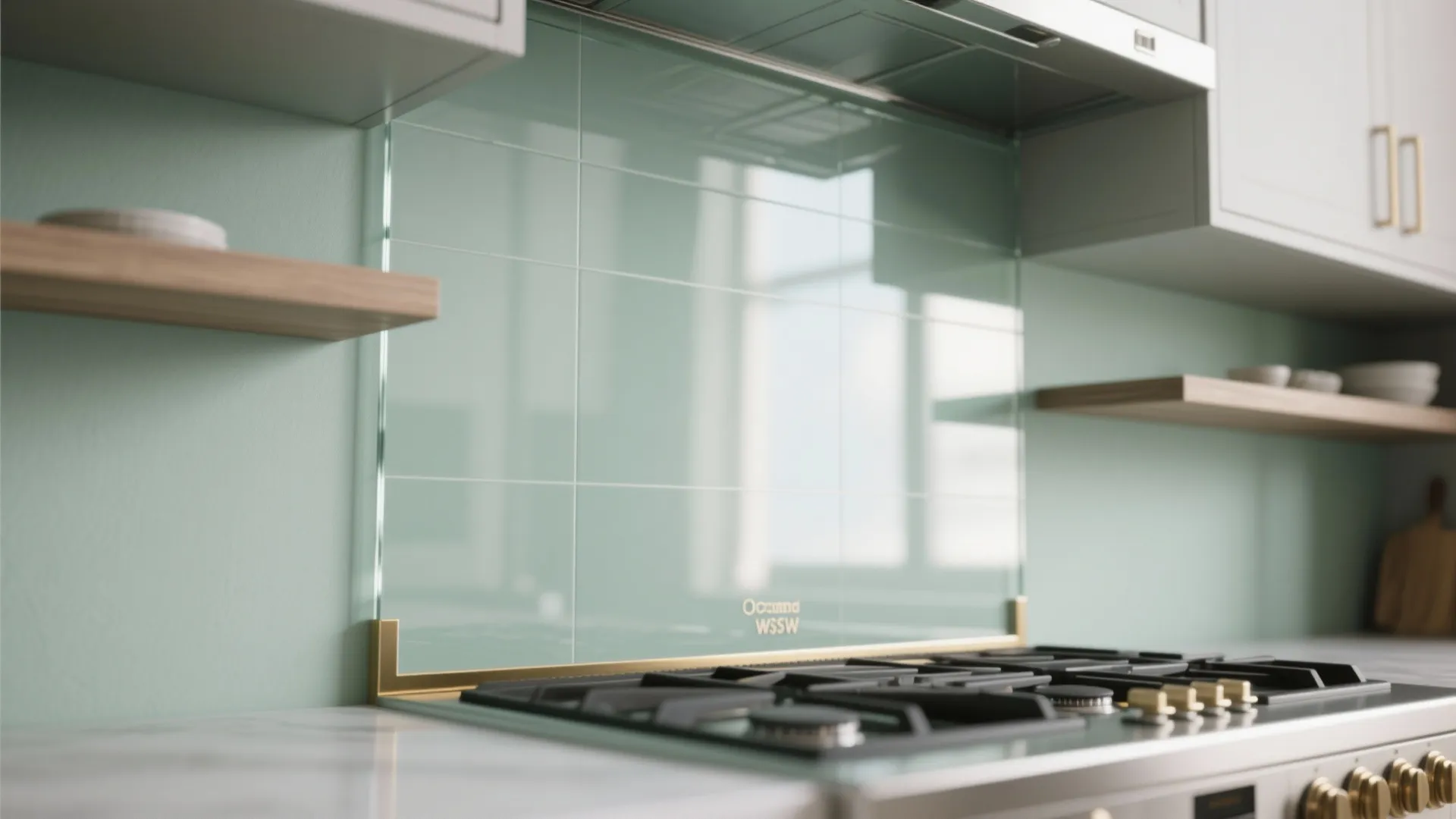 Modern kitchen stove area with green tiled wall and glass splash guard behind the gas burner