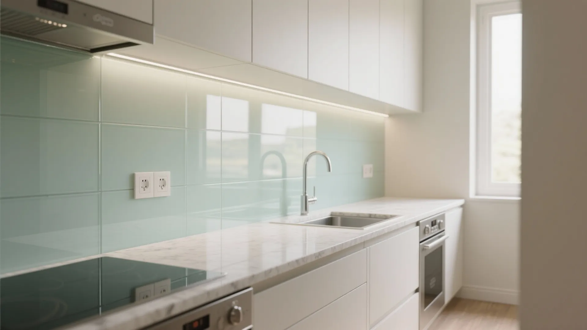 Glass Backsplash for Airy Kitchen Walls