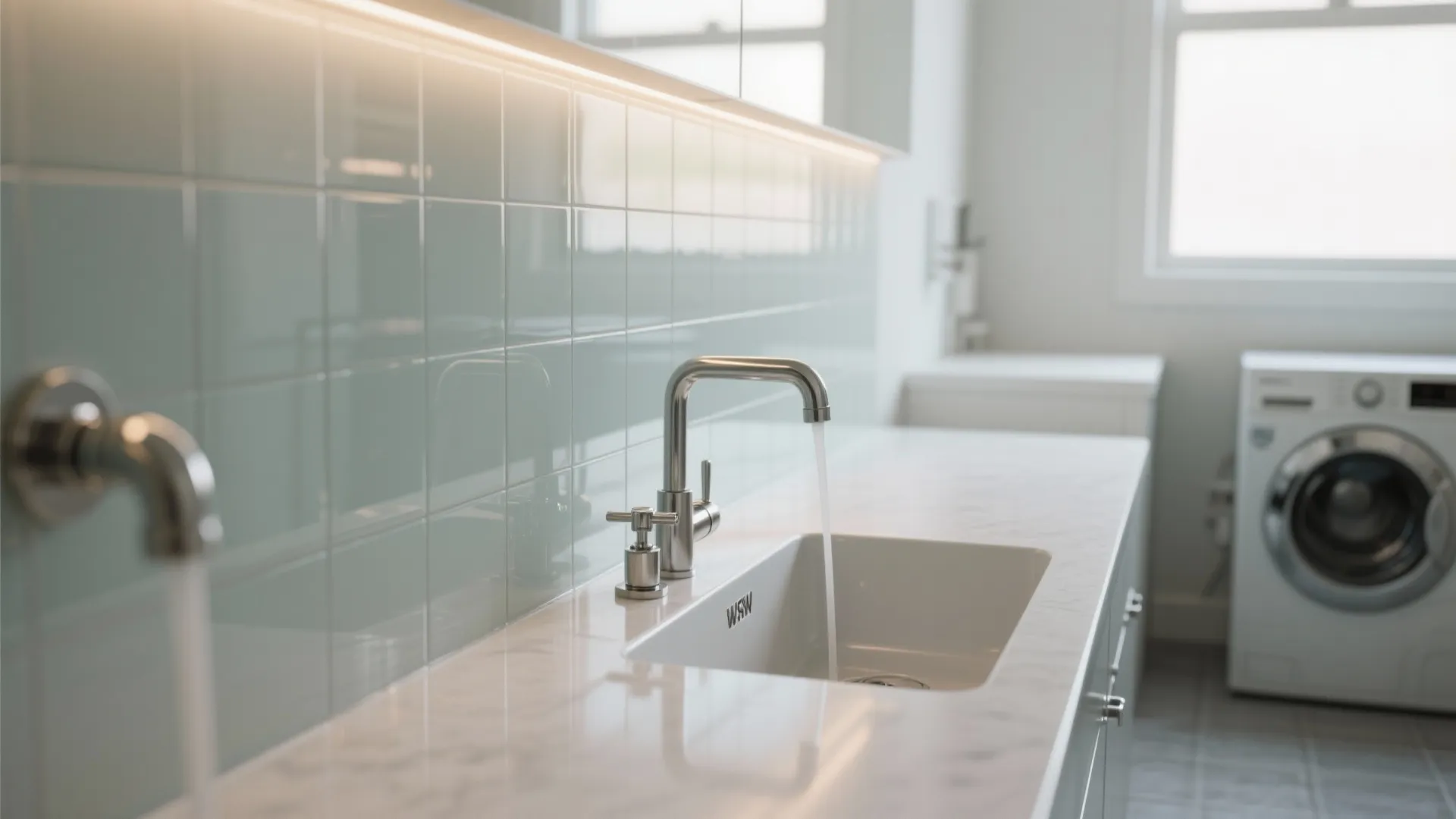 Reflective Backsplash and Light Play for an Airy Feel