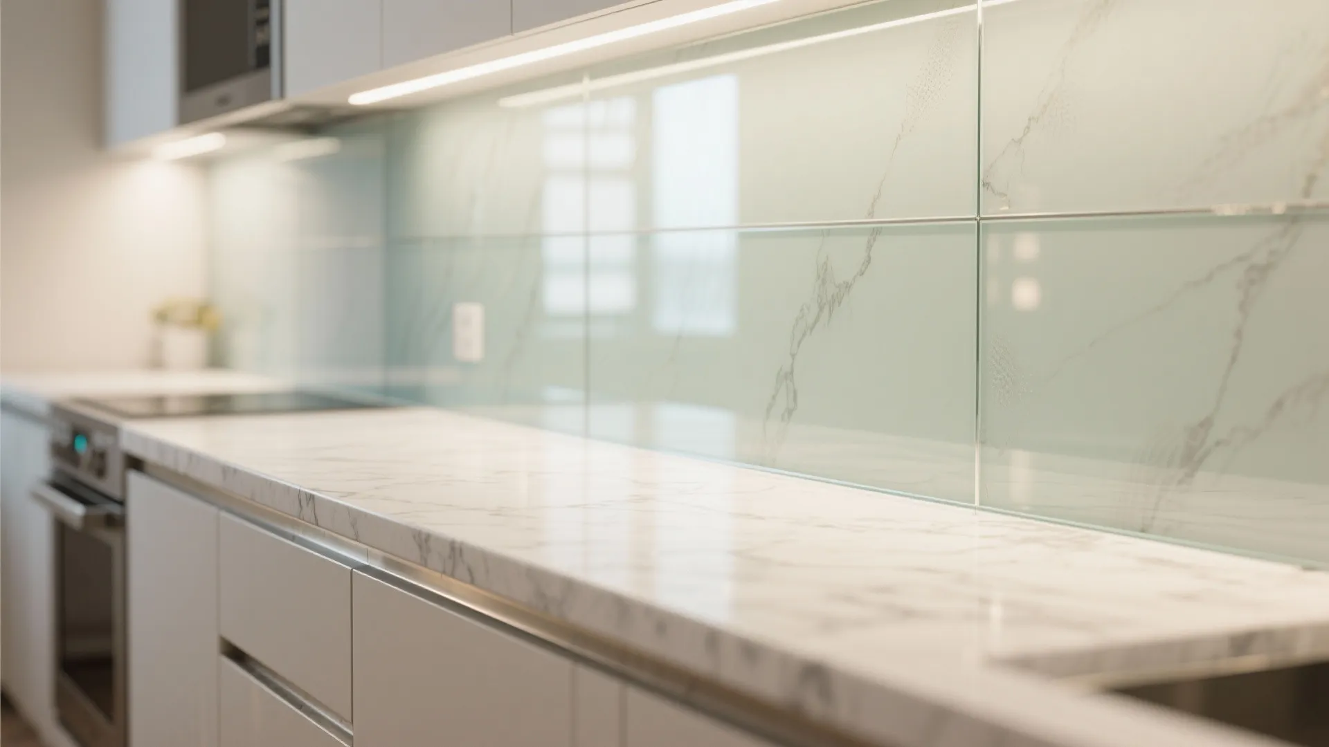 Close up of marble countertop and green glass wall panel with under cabinet light in kitchen