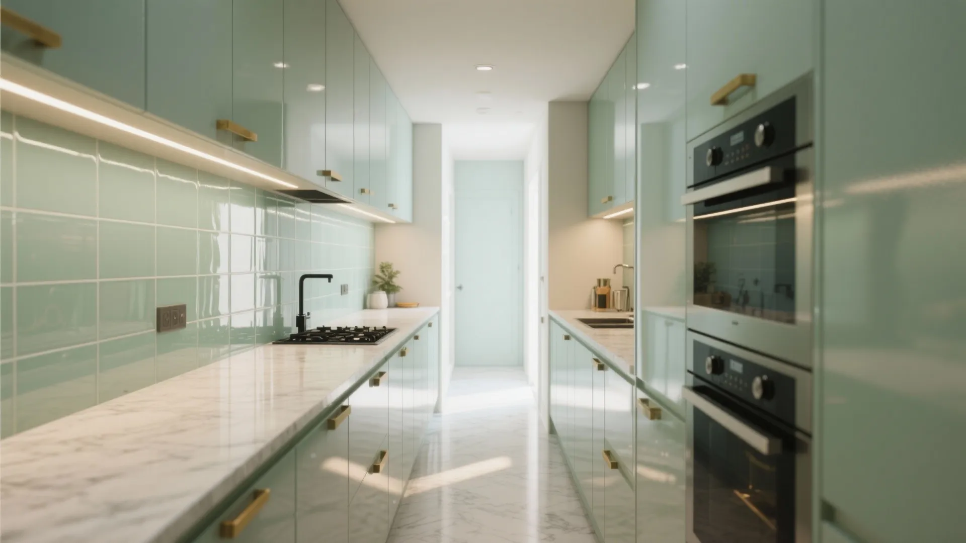 Glass backsplash and light-reflective surfaces