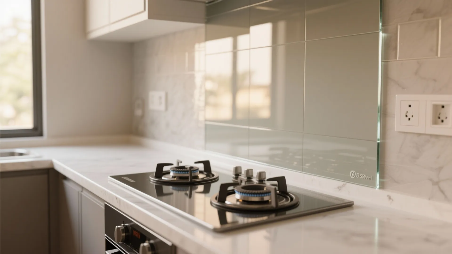 Glass backsplash for airy light in a small cookspace