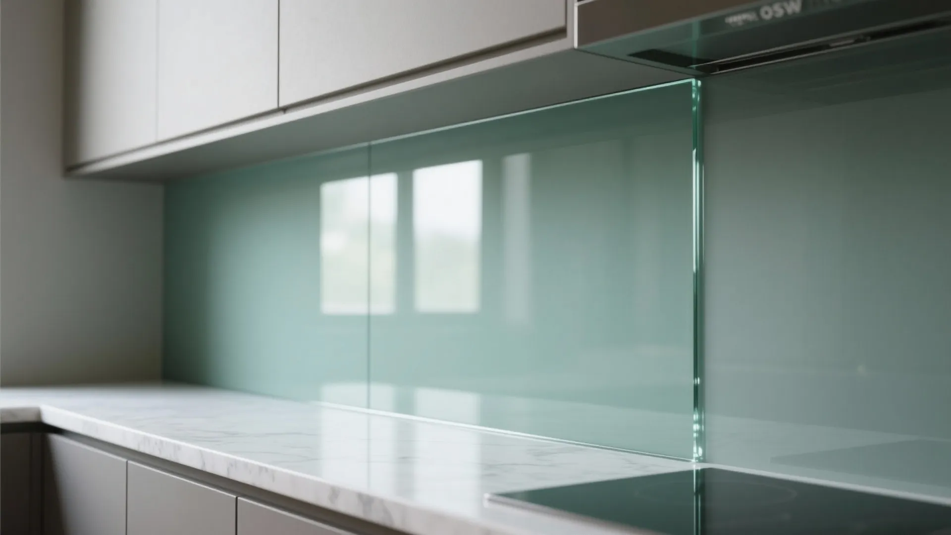 Glass backsplash for openness and easy cleanup