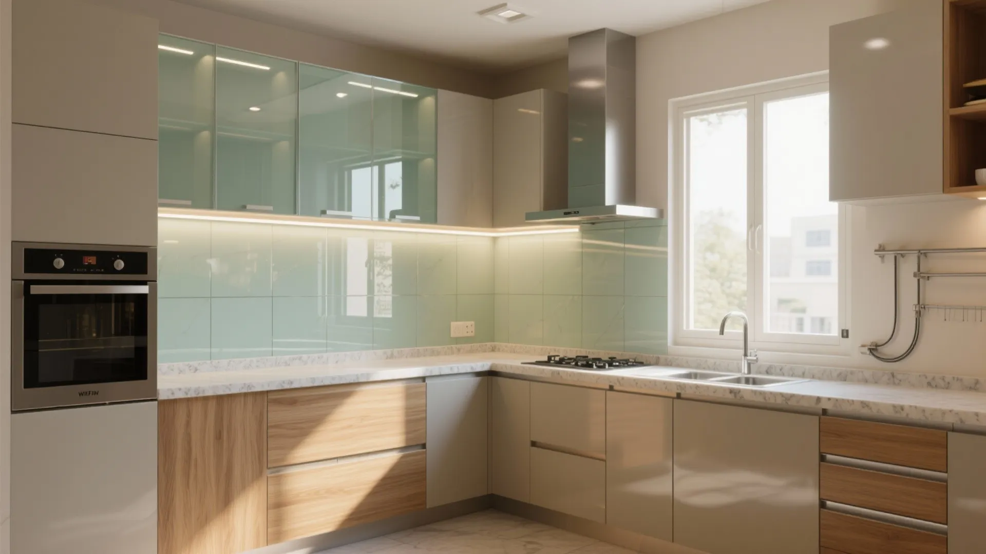 A climate-smart kitchen with a bright glass backsplash