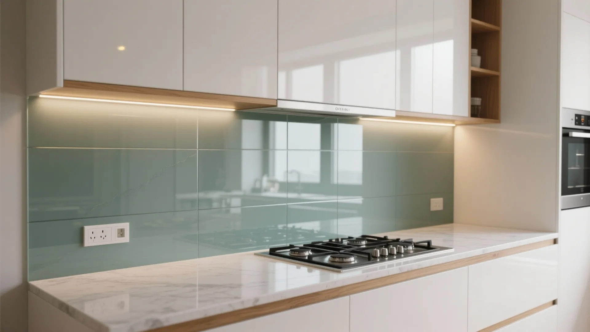 Glass backsplash that doubles the light