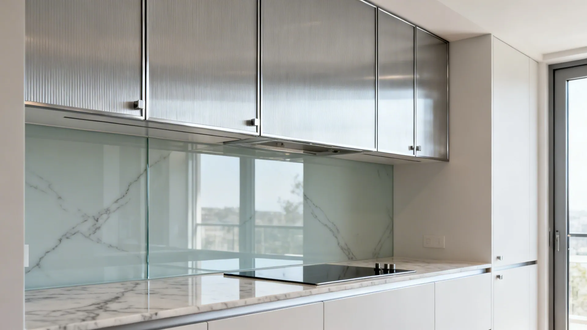 Glass-backed splash with aluminium uppers and marble veins