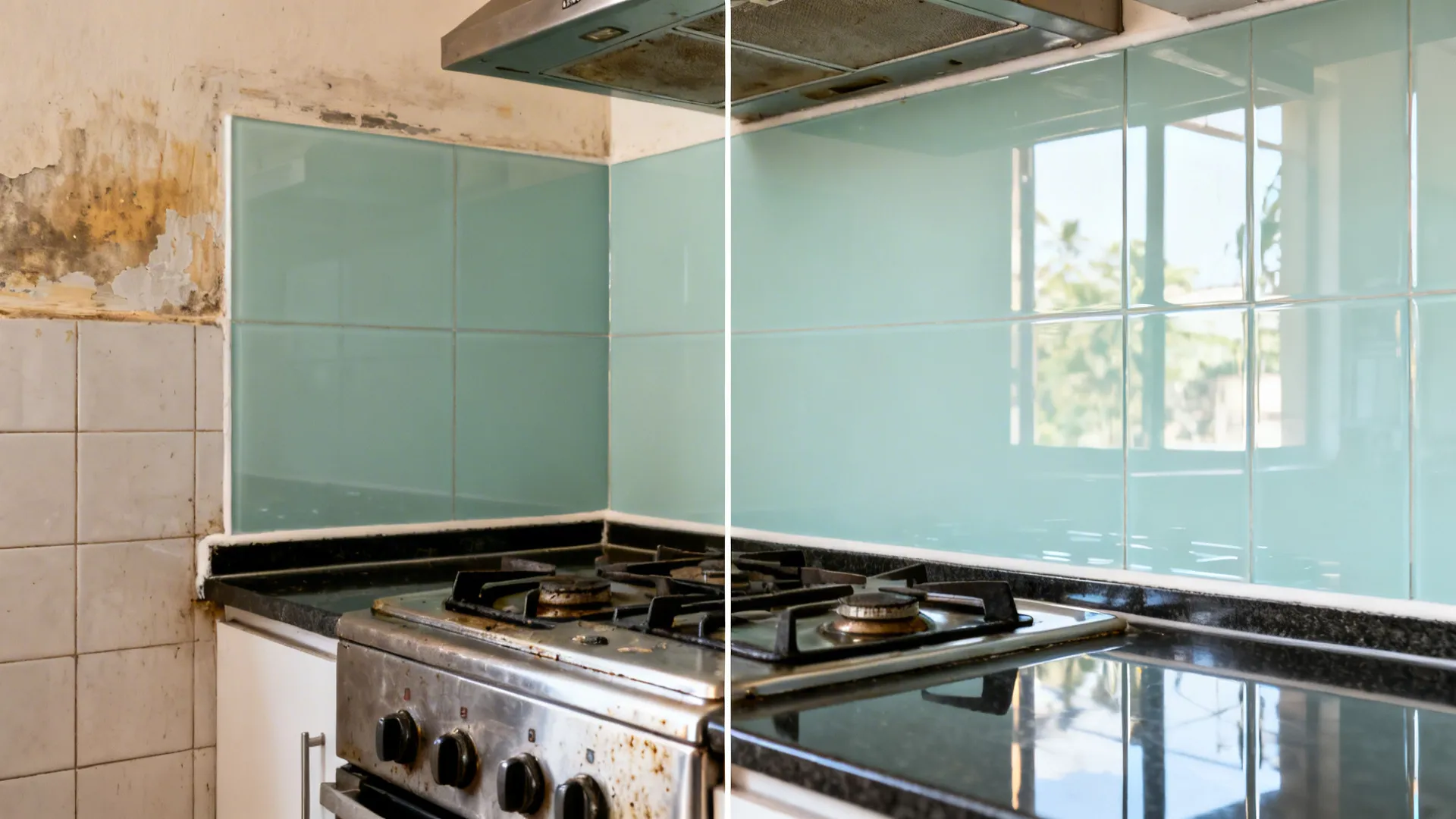 Before-and-after of a hob zone showing pale seafoam glass splash with glossy tiles for easy cleaning.