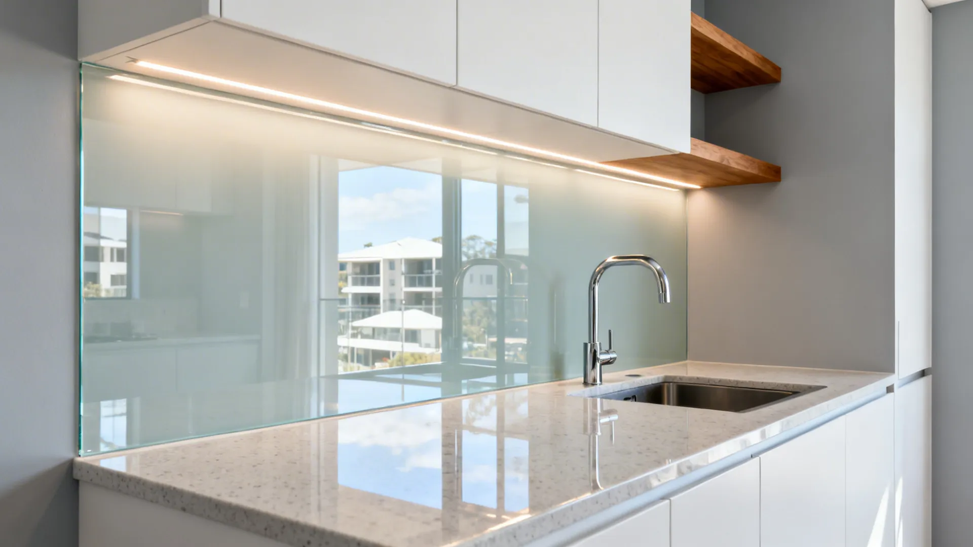 Low-iron glass backsplash reflecting soft daylight and under-cabinet lighting for added depth.