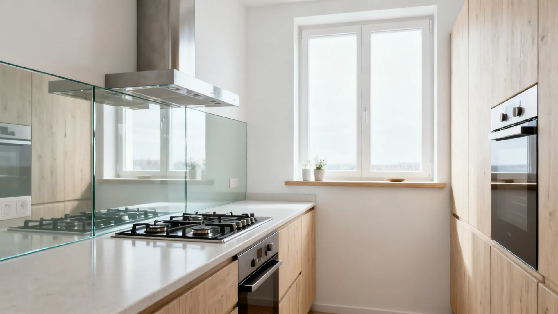 Wall-mount chimney above a cooktop with a tempered-glass backsplash and raised window sill.