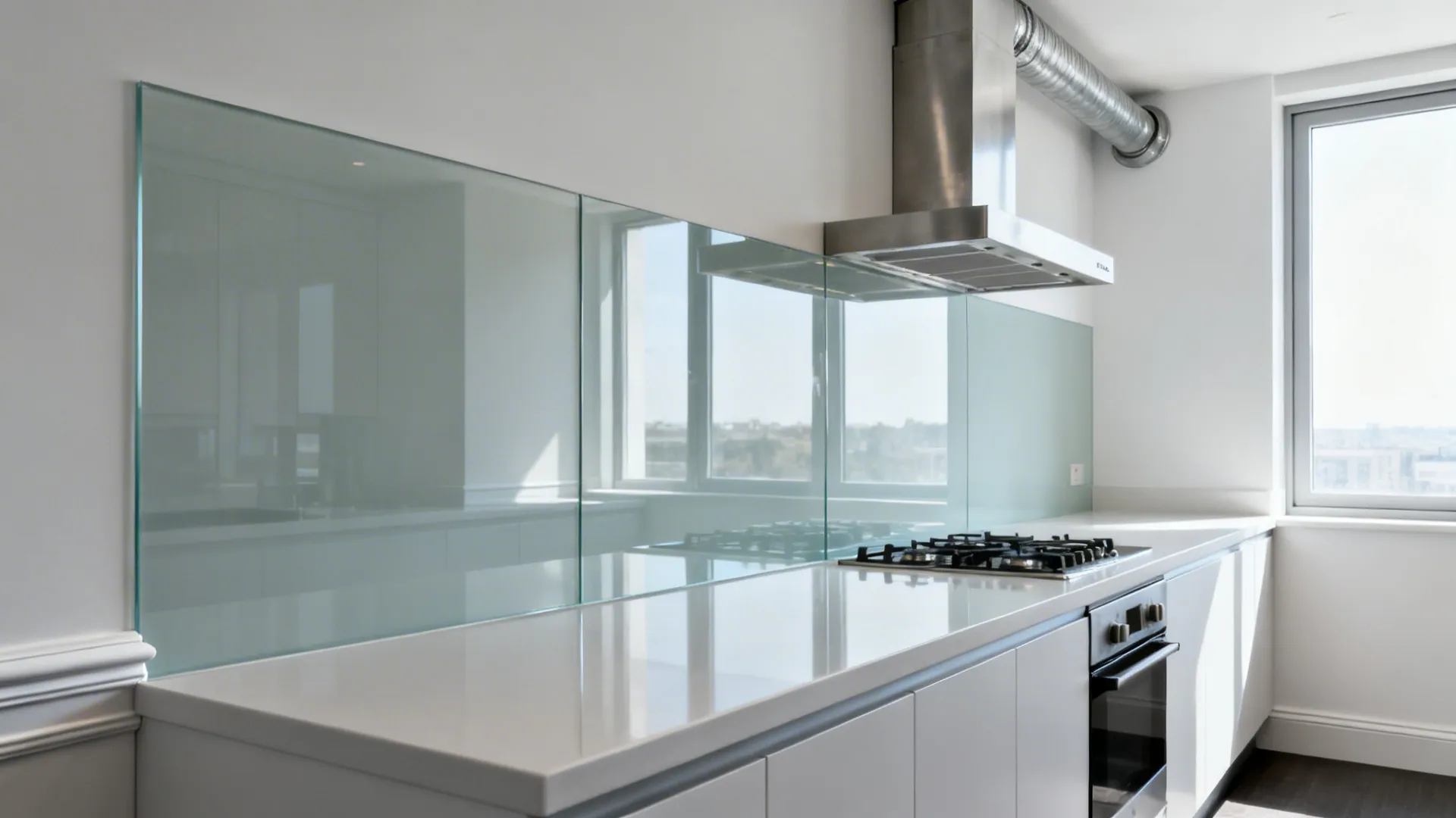 Galley kitchen with low-iron glass backsplash and a side-vented hood.