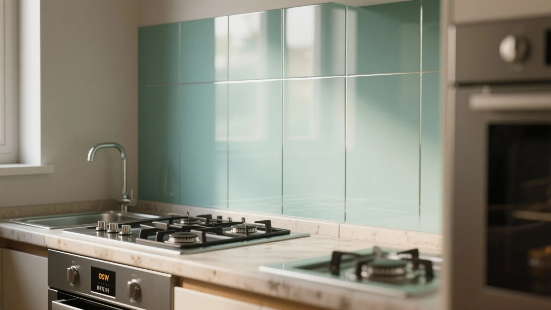 Modern kitchen with green glass wall panel gas stove marble countertop silver sink and black oven