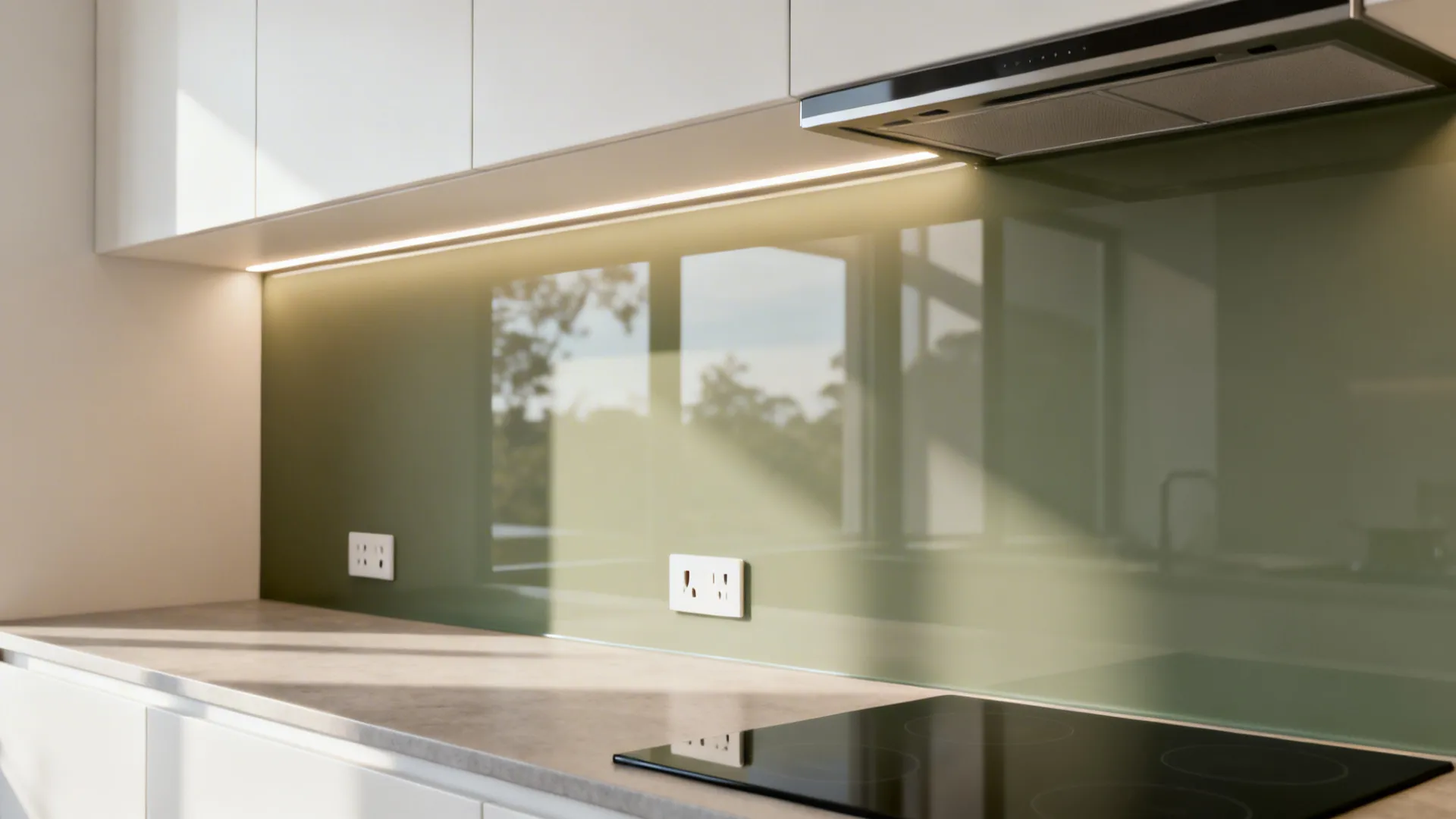 Modern kitchen with green glass wall panel white cabinets black stove top and bright led lighting