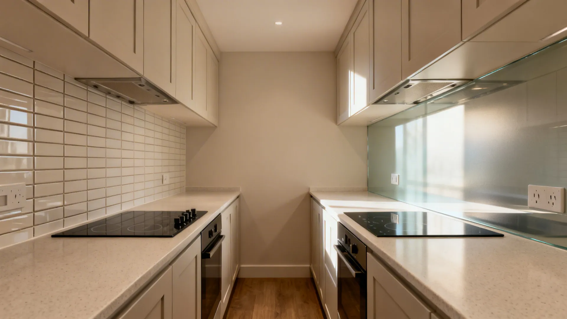Before-and-after galley kitchen showing tiles replaced by a satin low-iron glass splashback for more light and depth.