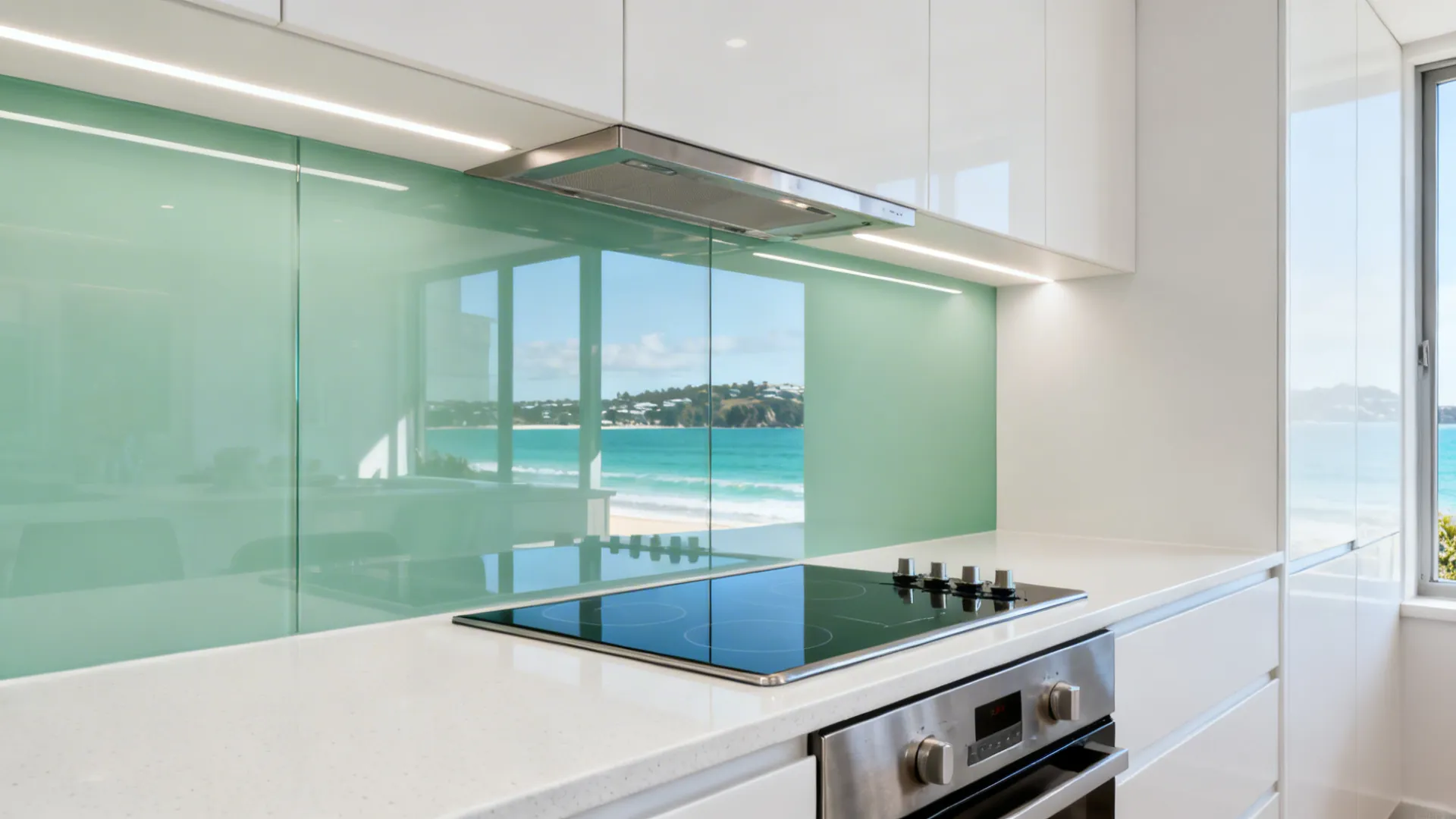 Low-iron glass splashback reflecting daylight in a bright, minimalist coastal kitchen.