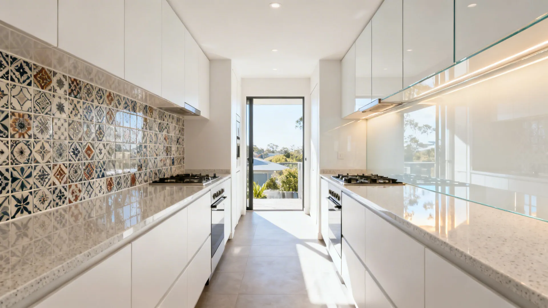 Comparison of patterned tile versus low-iron glass splashback in a narrow galley kitchen.