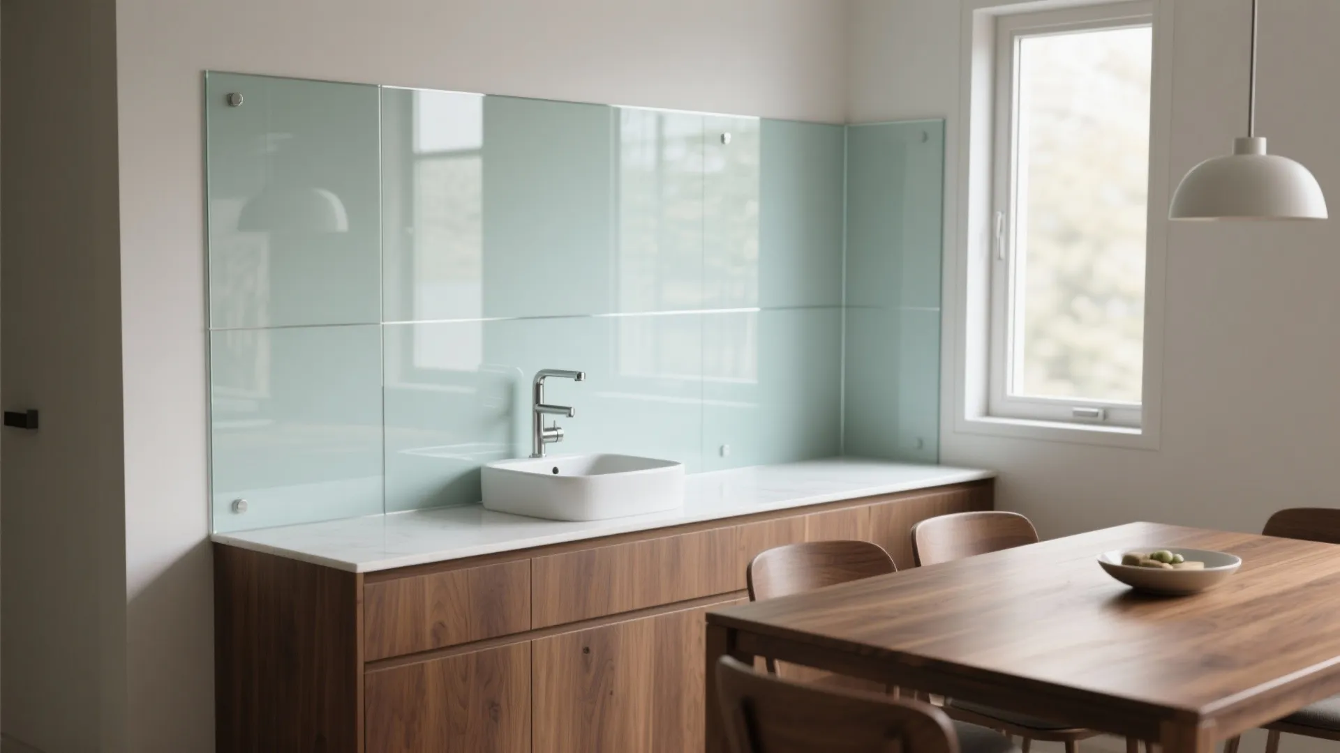 Modern dining room with light blue glass wall panels, wooden cabinets, and a white sink