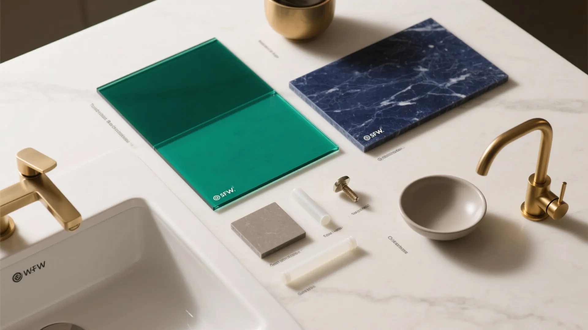 Top view of green glass and blue stone material samples on a white kitchen counter