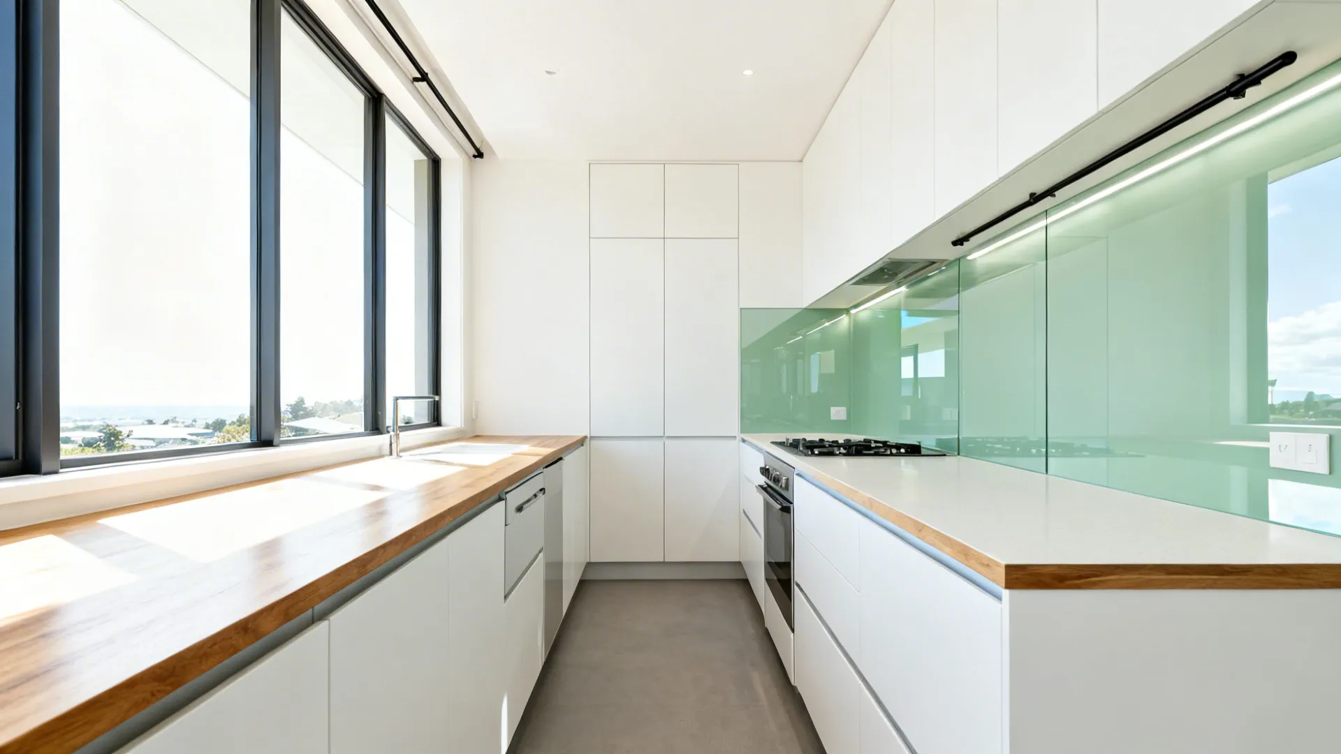 Modern galley kitchen with white cabinets wood countertops large windows and a light green glass backsplash