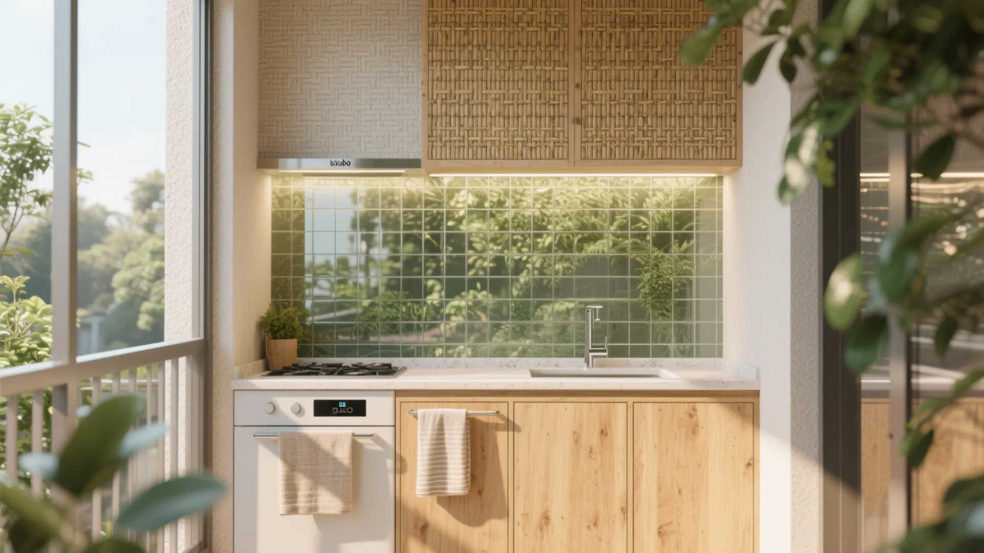 Low-iron glass splashback brightens a kubo balcony kitchenette.