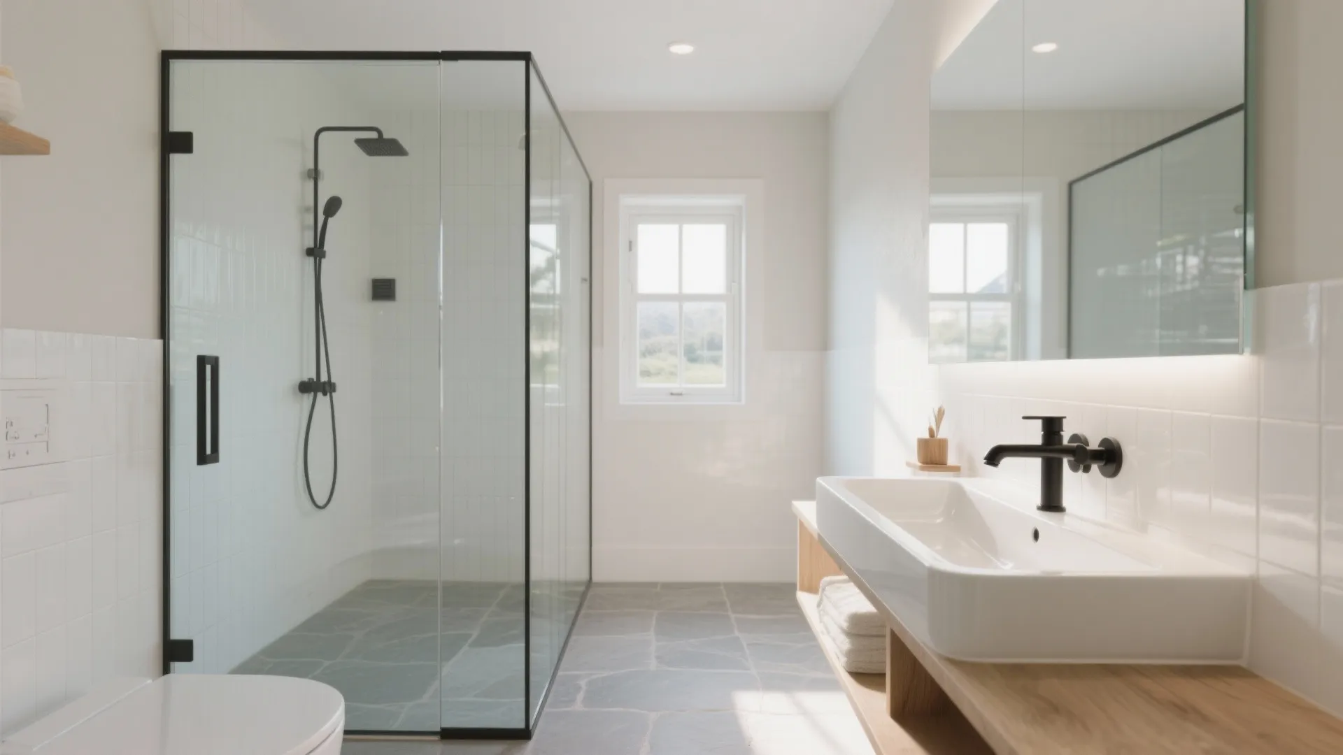 Modern bathroom with glass shower door, black faucet, wooden counter, mirror, window, and stone floor