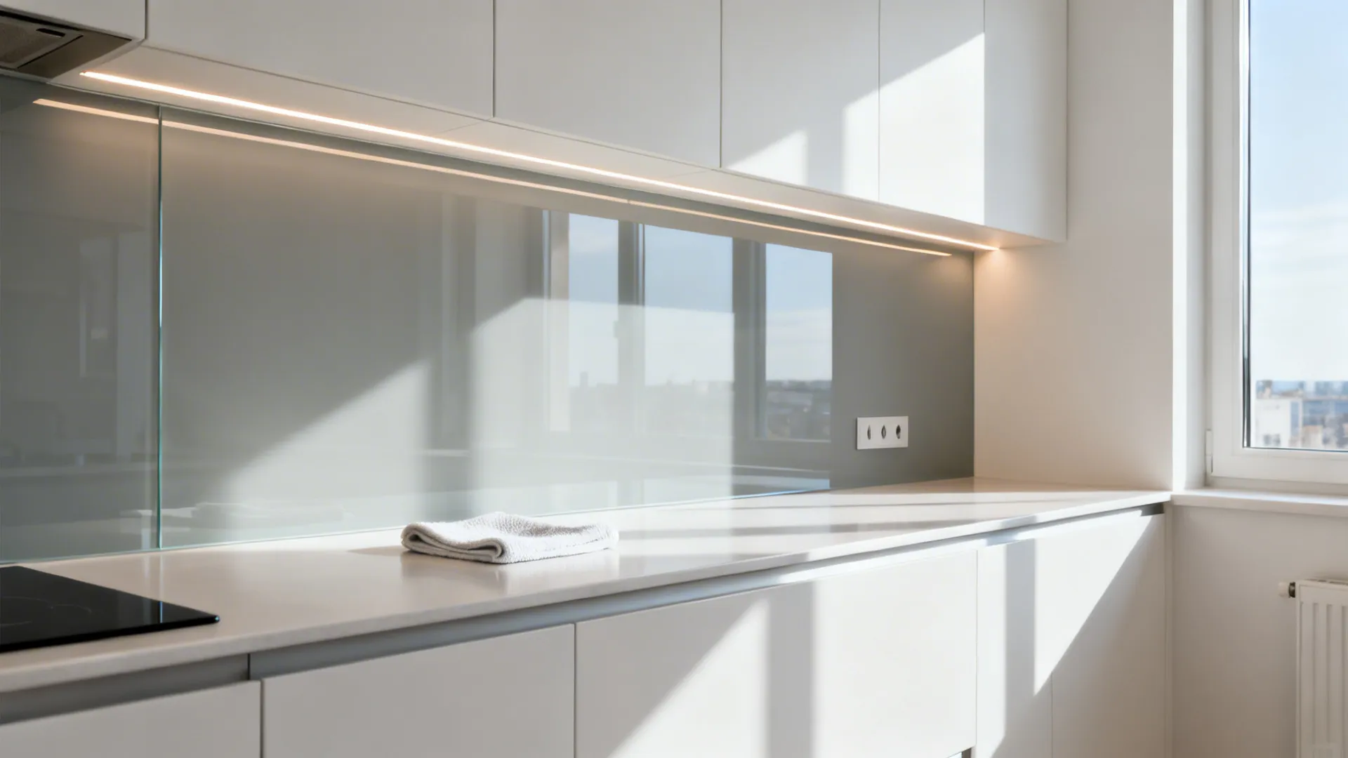 Small studio kitchen featuring a pale gray low-iron glass splashback reflecting soft daylight.