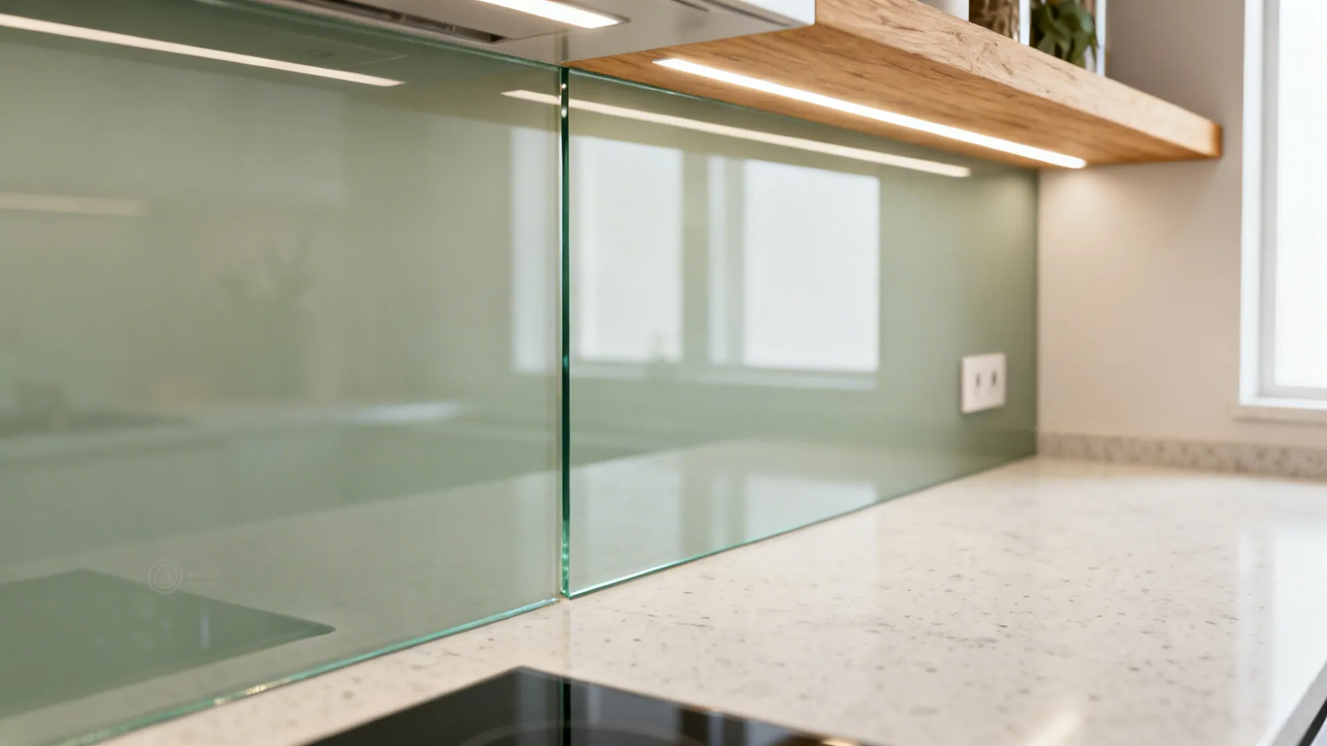 Macro of low-iron glass splashback with subtle reflections beside a light benchtop and oak shelf.