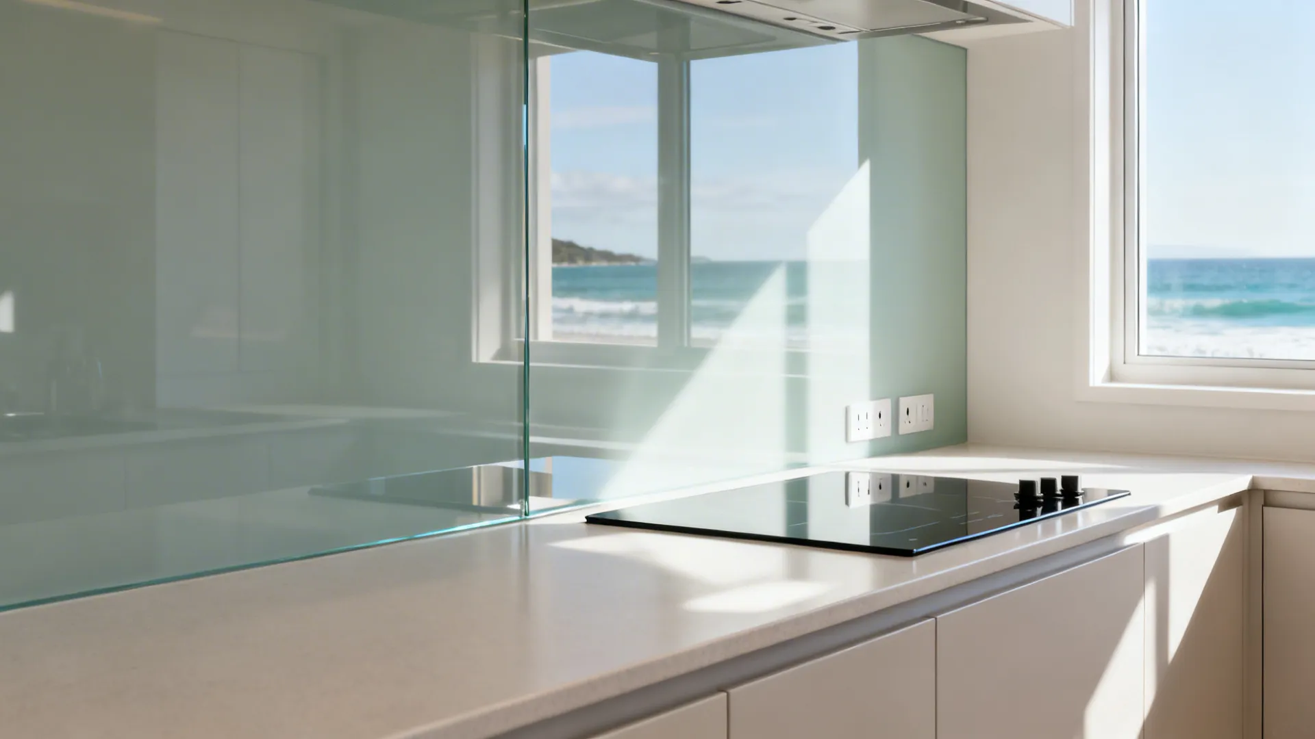 Low-iron glass splashback reflecting daylight to make a compact NZ kitchen feel larger.