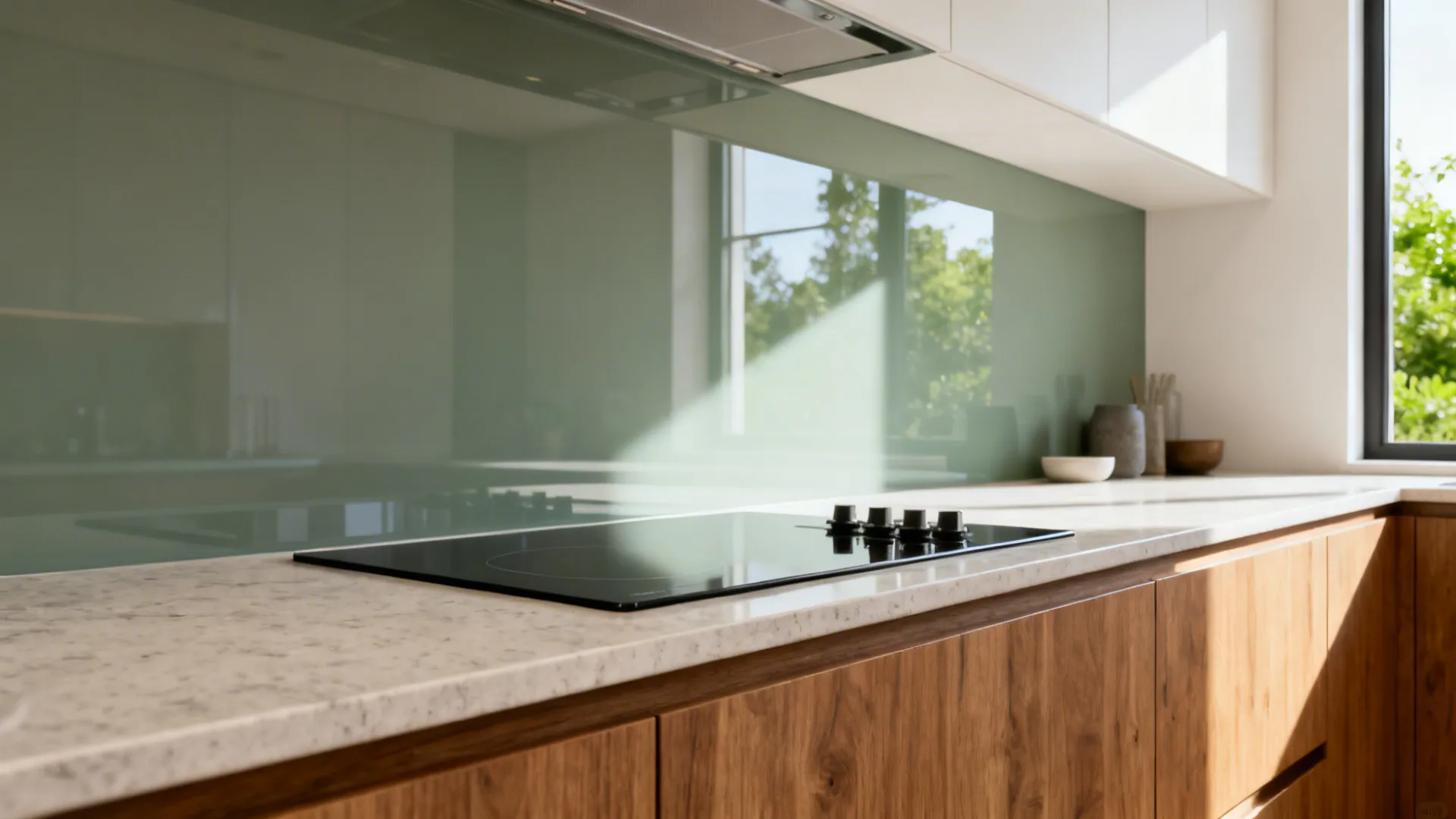 Soft grey-green glass splashback reflecting light above a light quartz benchtop and timber cabinets.