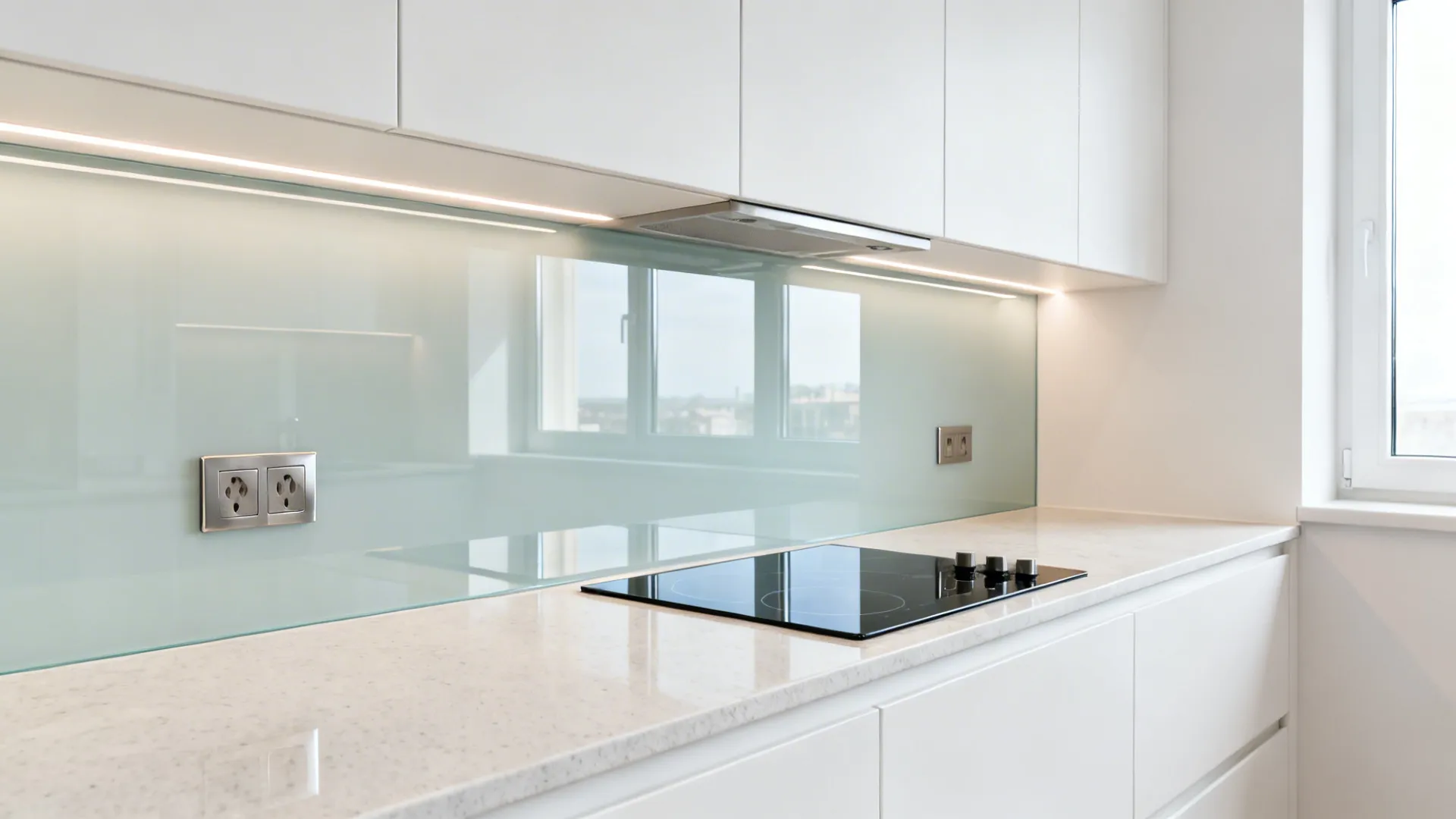 Glass splashback for light and easy cleaning