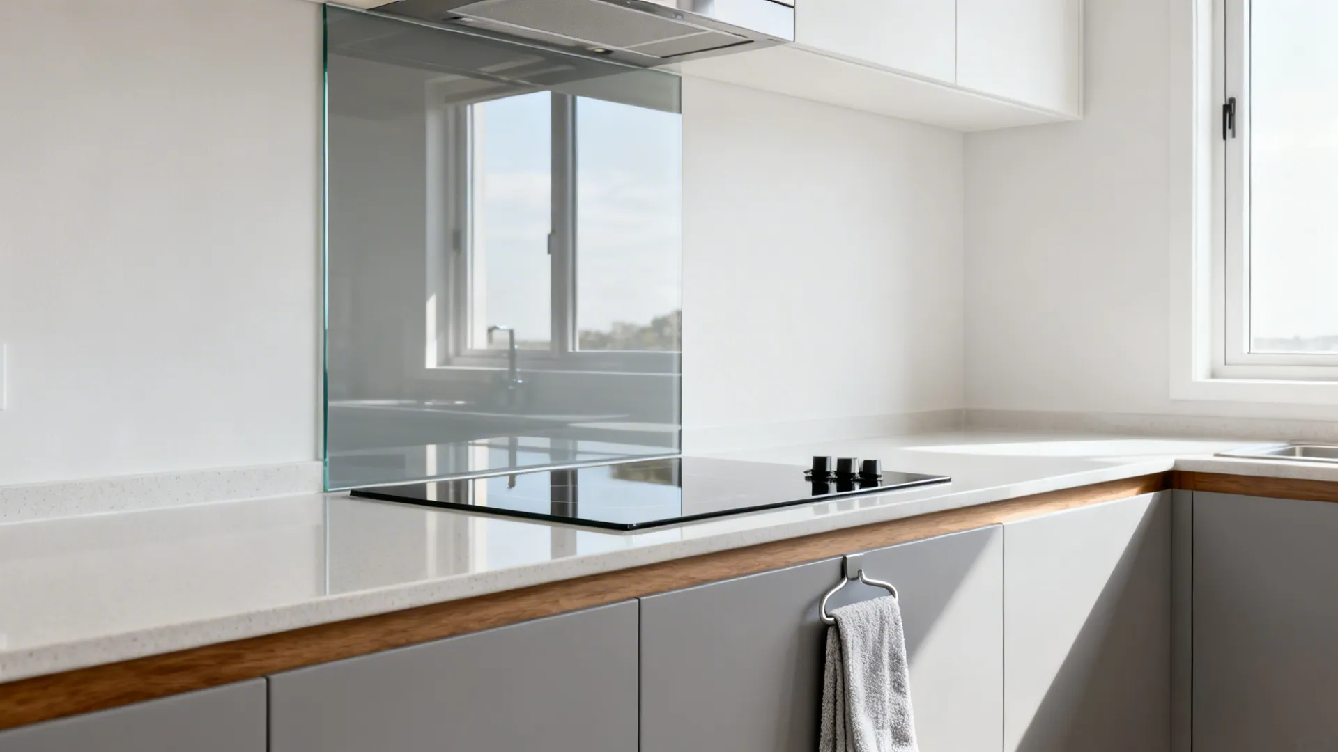 Modern white kitchen with grey cabinets glass wall panel black stove top and a bright window