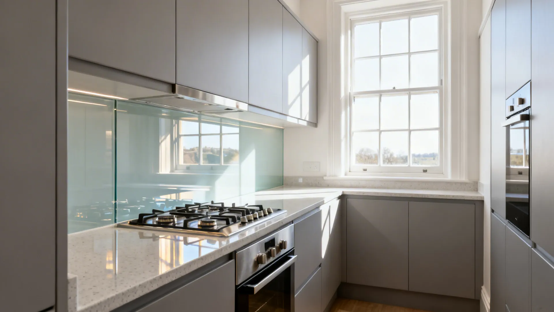 Narrow UK kitchen with low-iron glass splashback reflecting light onto semi-matte cabinets.