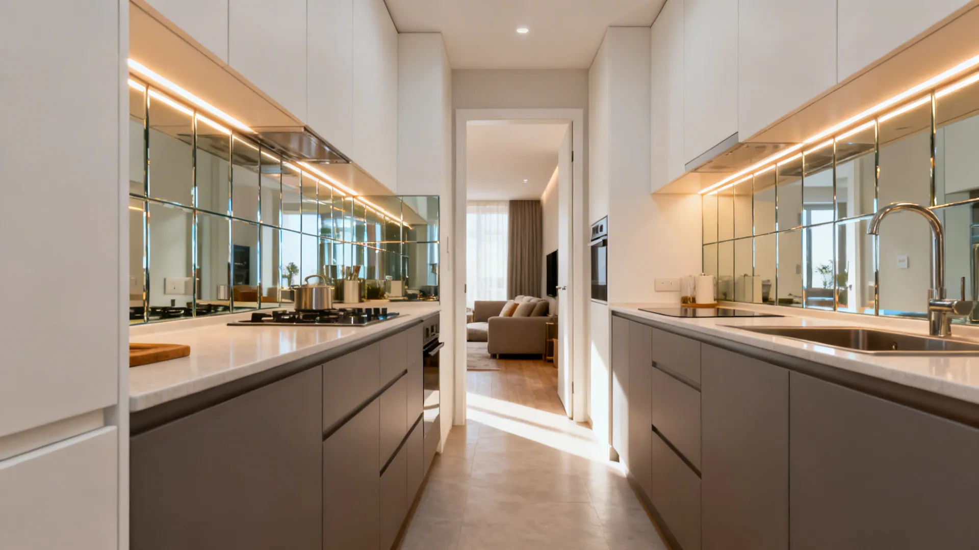 Small galley kitchen with a reflective glass backsplash and warm under-cabinet LEDs brightening the hall and living room.