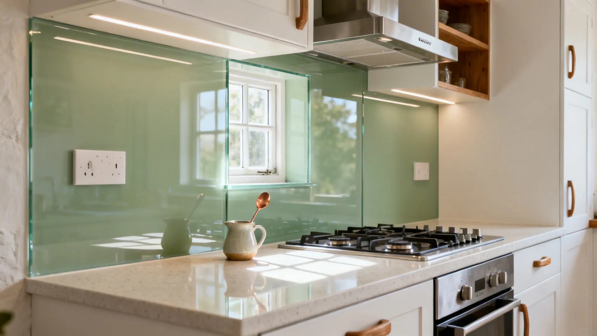 Soft sage glass splashback reflecting daylight across compact kitchen worktops.