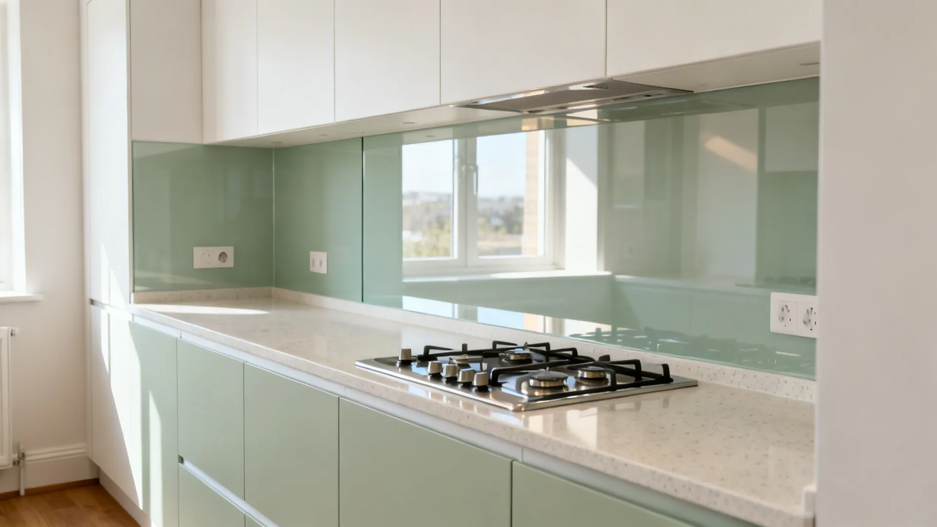 Low-iron glass splashback in a small galley kitchen reflecting soft daylight for added depth.