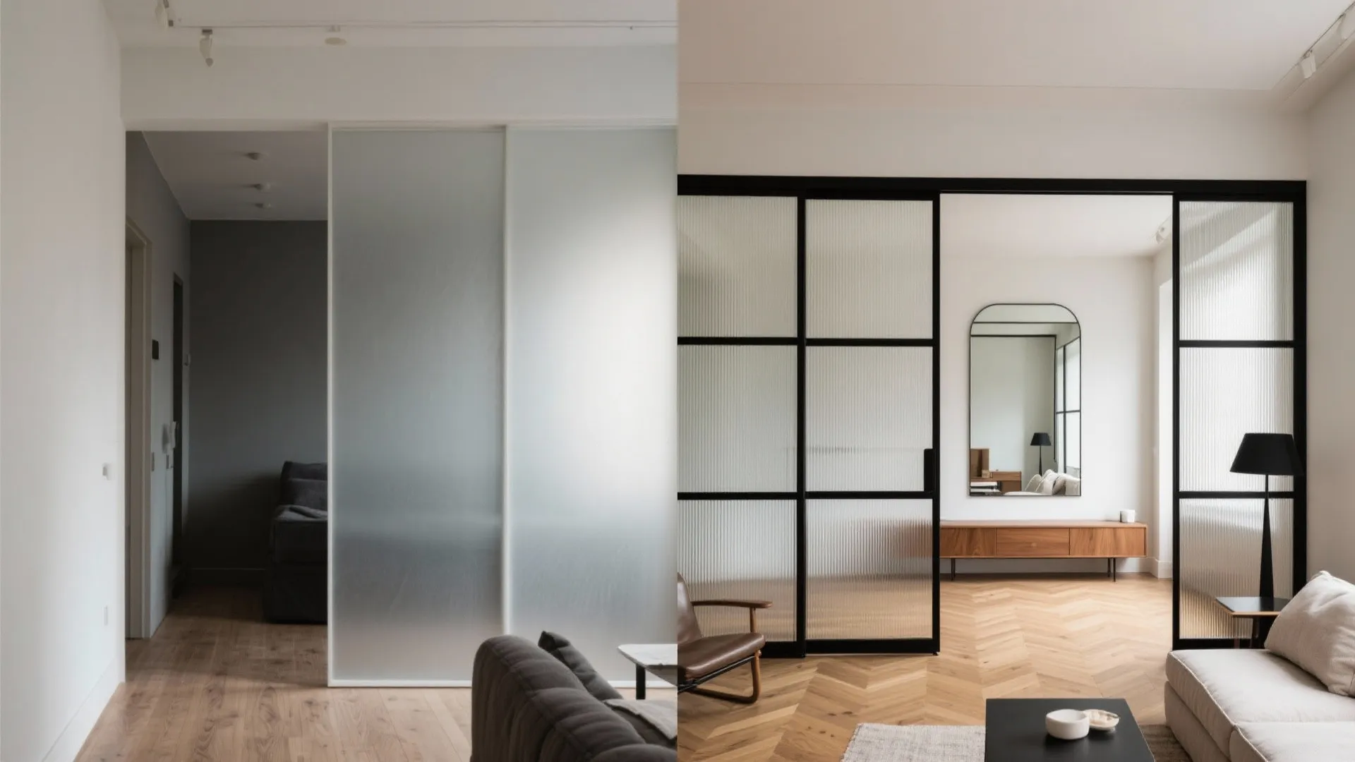 Airy glass partition and mirrors