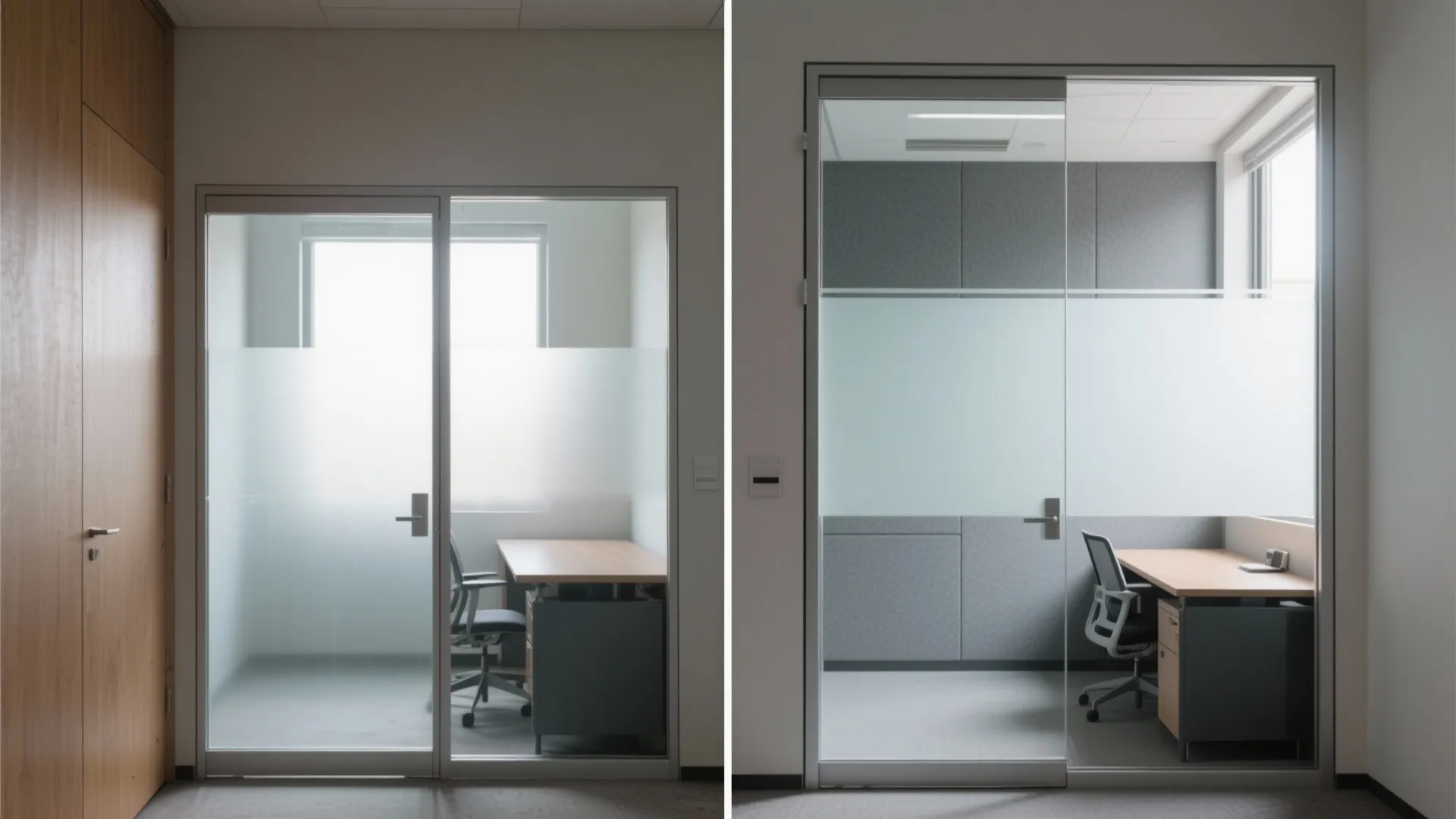 Split-screen study room comparing clear glass with glare versus laminated glass with a frosted band that tempers light.