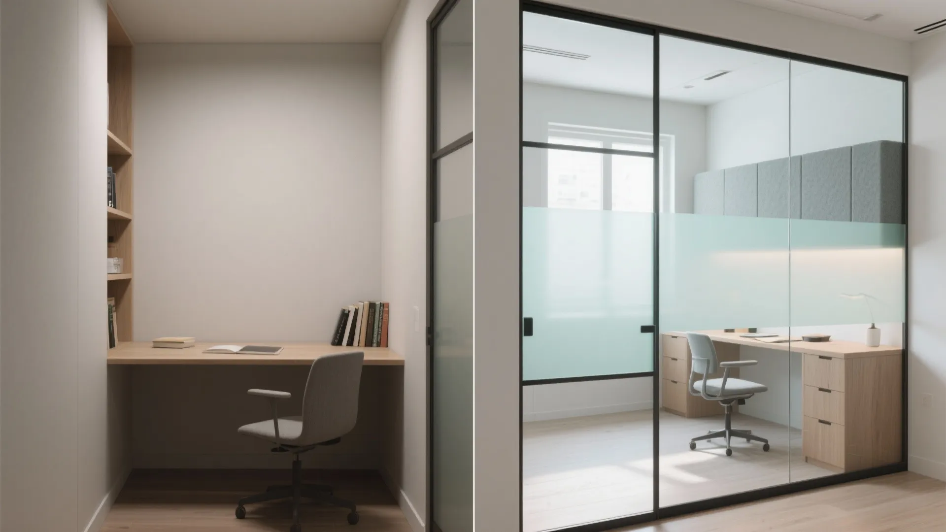 Before and after view of small home office area separated by black frame glass wall