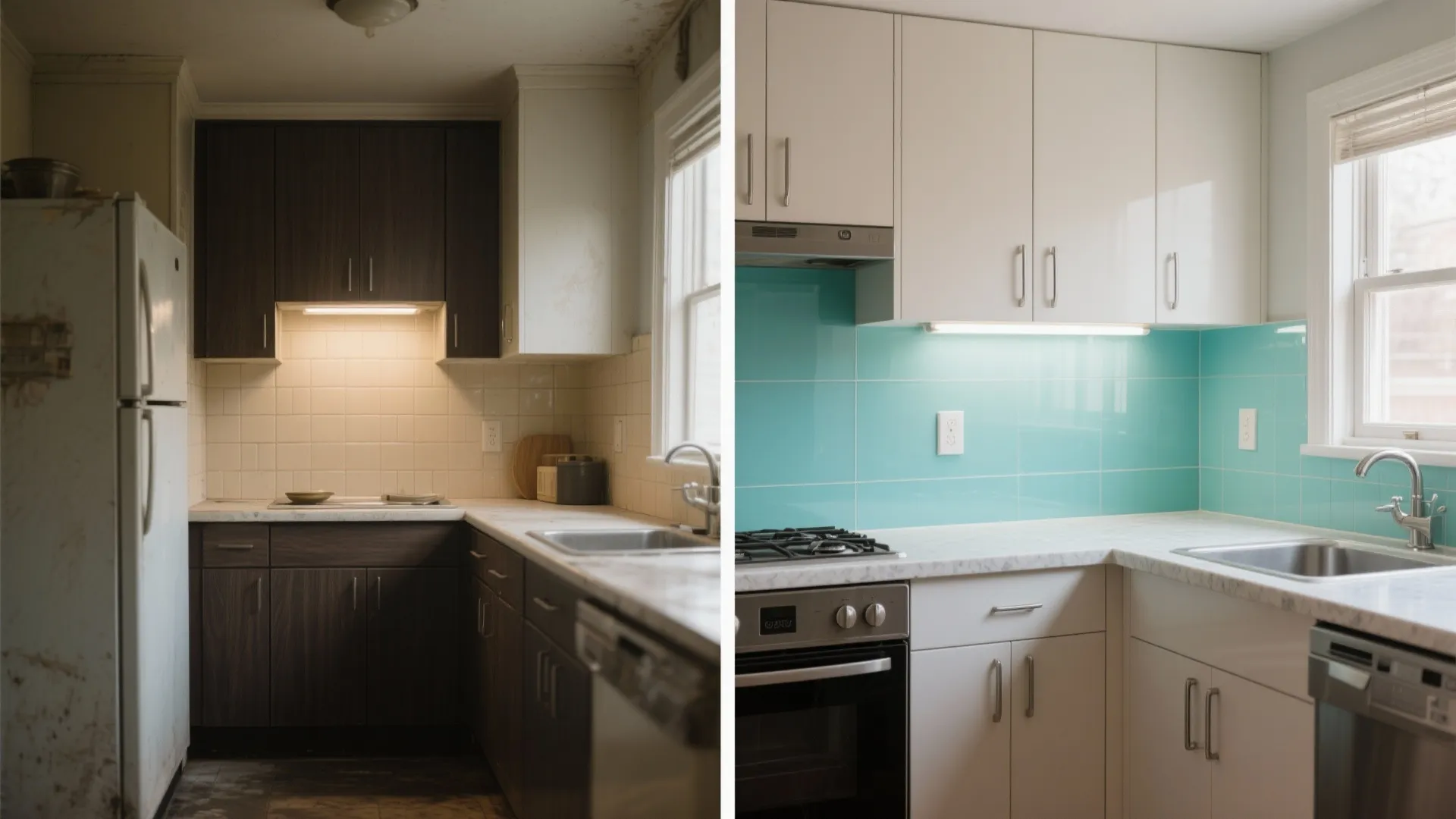 Glass backsplash and reflective finishes to brighten the space