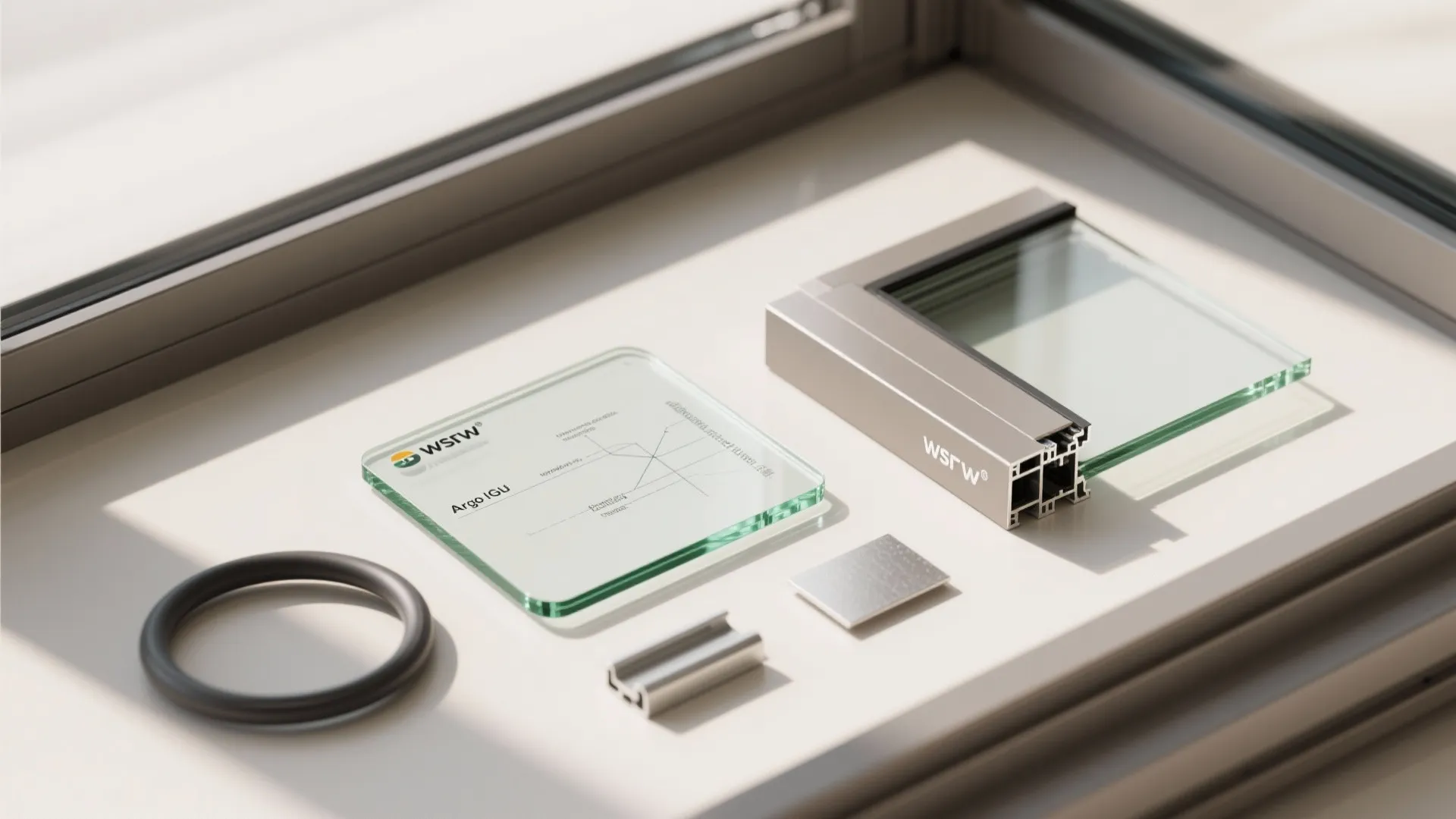Modern window components showing a glass panel metal frame section rubber seal and small parts