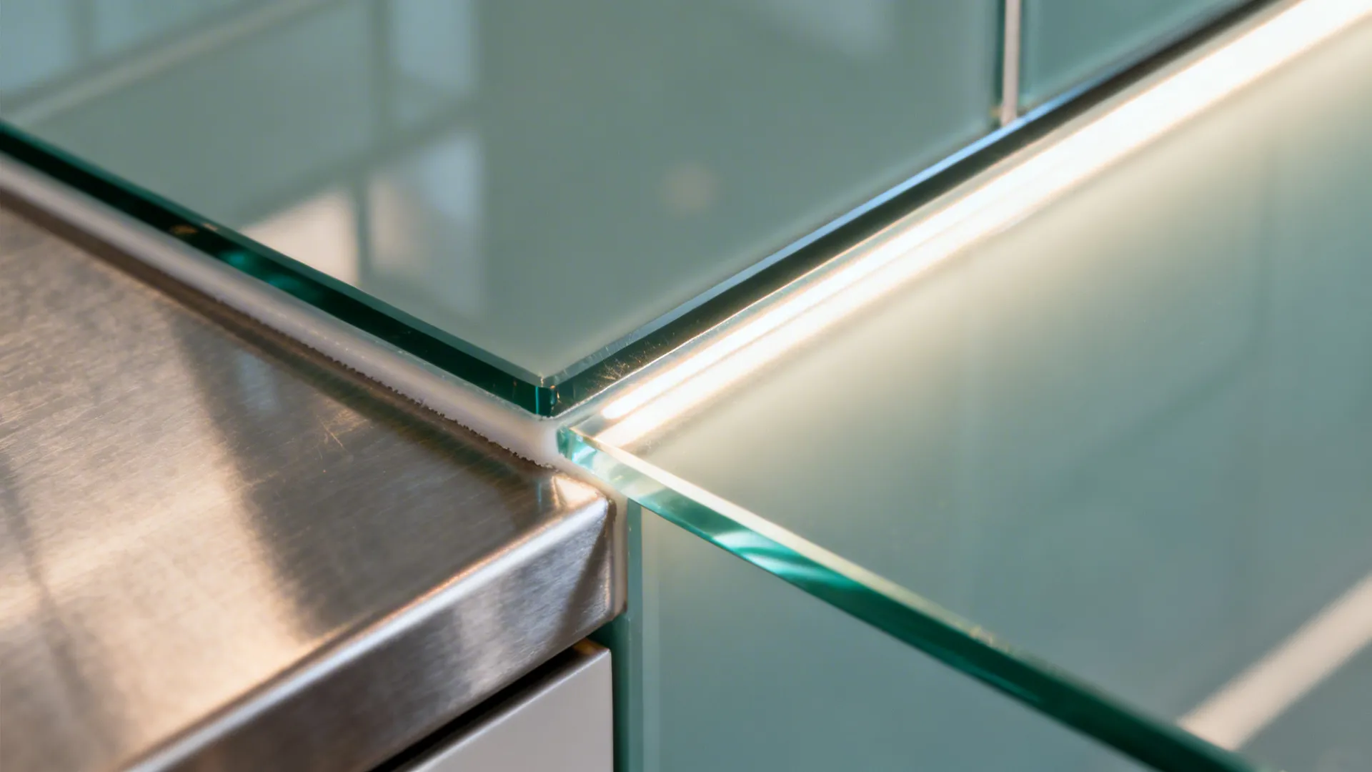 Macro of low-iron glass backsplash meeting stainless counter with a clean silicone joint.