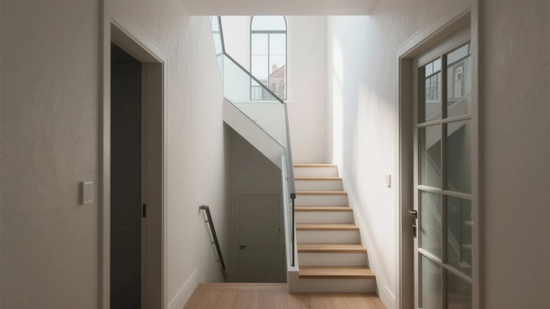 Modern bright hallway with wooden stairs and glass handrails leading to a large window view