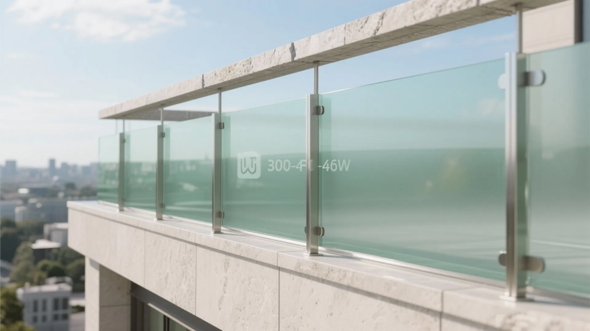 Modern balcony railing made of frosted glass panels and stainless steel posts with stone top