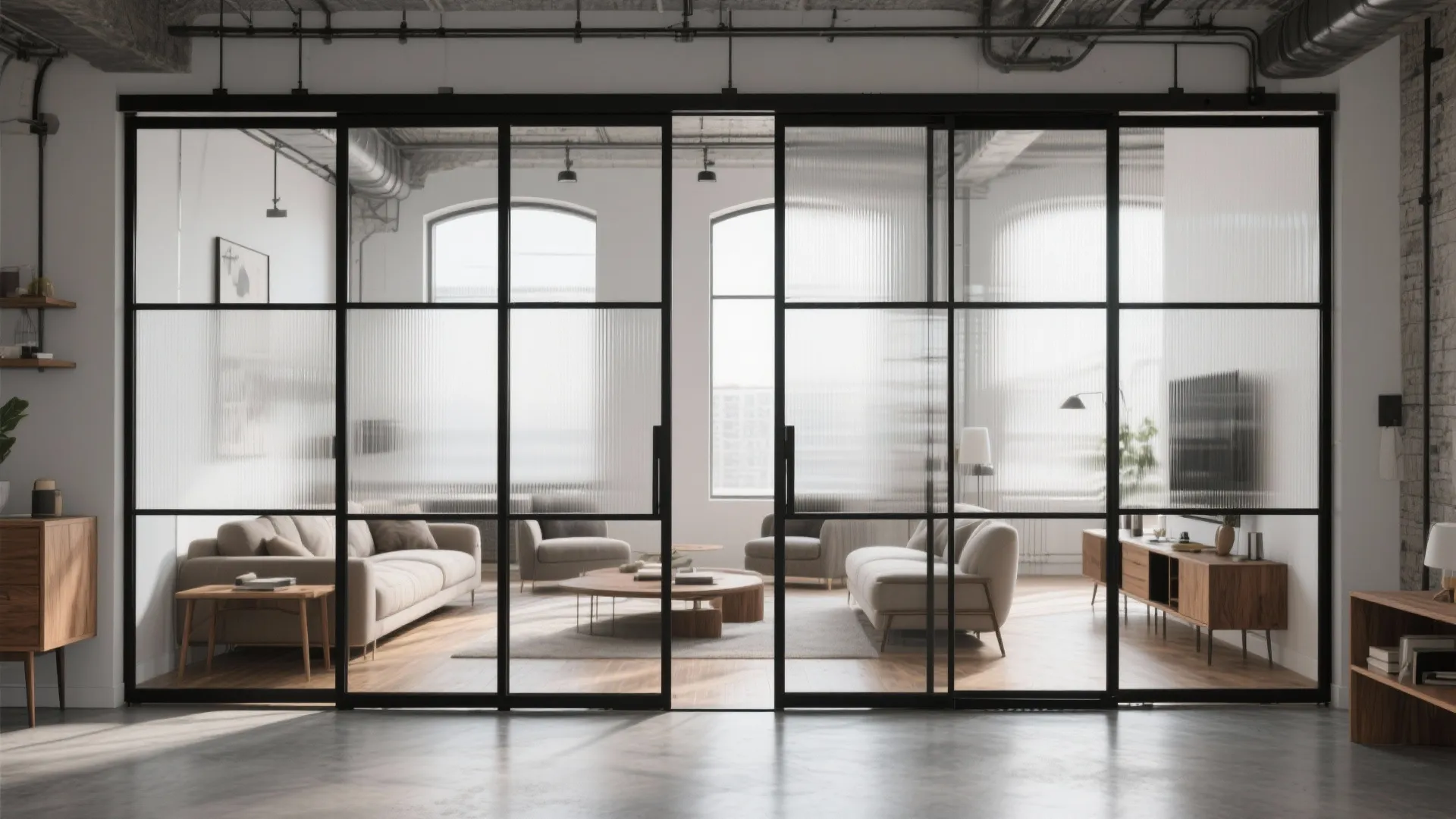 Industrial black steel and glass sliding divider separating living and office zones with clear and reeded panes